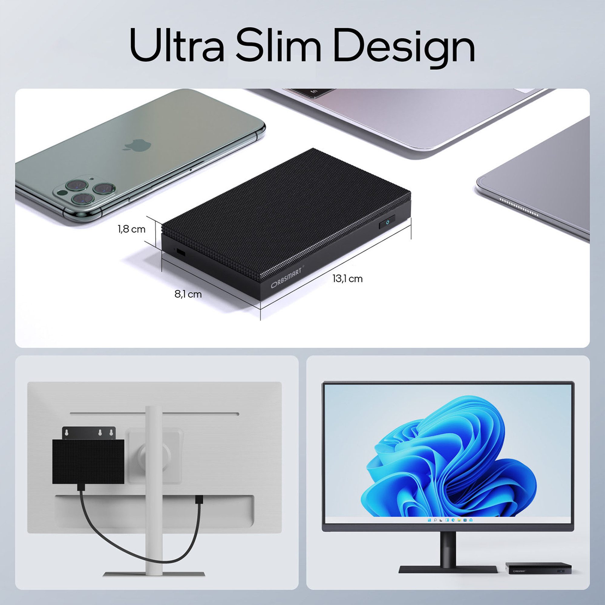 Orbsmart AW-15L Desktop-PC Büro/Office Computer Mini-PC (Intel Alder Lake N100, 8 GB RAM, 256 GB HDD, passiv, Windows 11 Pro 4K, WIFI 6, lüfterlos, lautlos)