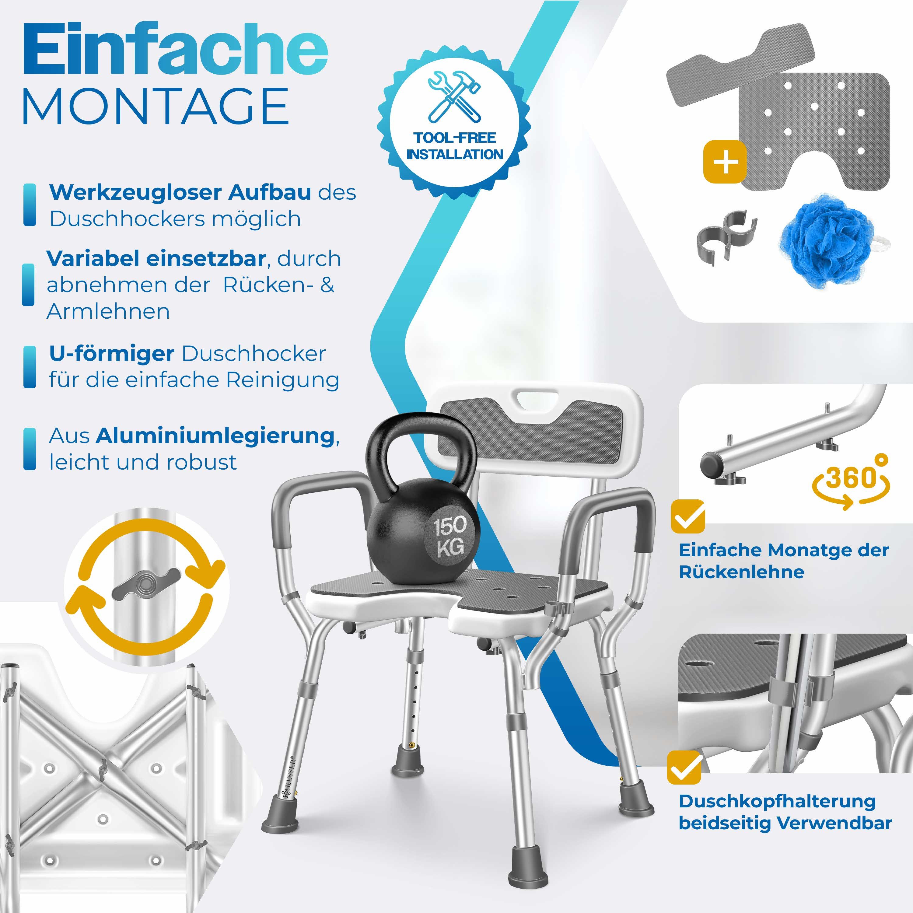 KESSER Badhocker Duschhocker mit Lehne höhenverstellbar in 6 Stufen 38-54cm (Duschstuhl mit Brausehalterung, Anti-Rutsch Füße & Matten), Duschsitz 150KG belastb – Bild 5 von 5