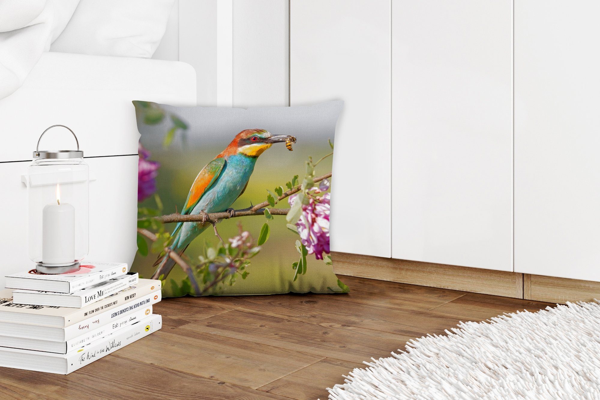 für Schlafzimmer, Wohzimmer, Deko, Füllung Vogel MuchoWow Bienenfresser Zierkissen - - mit Sofakissen Dekokissen Blumen,