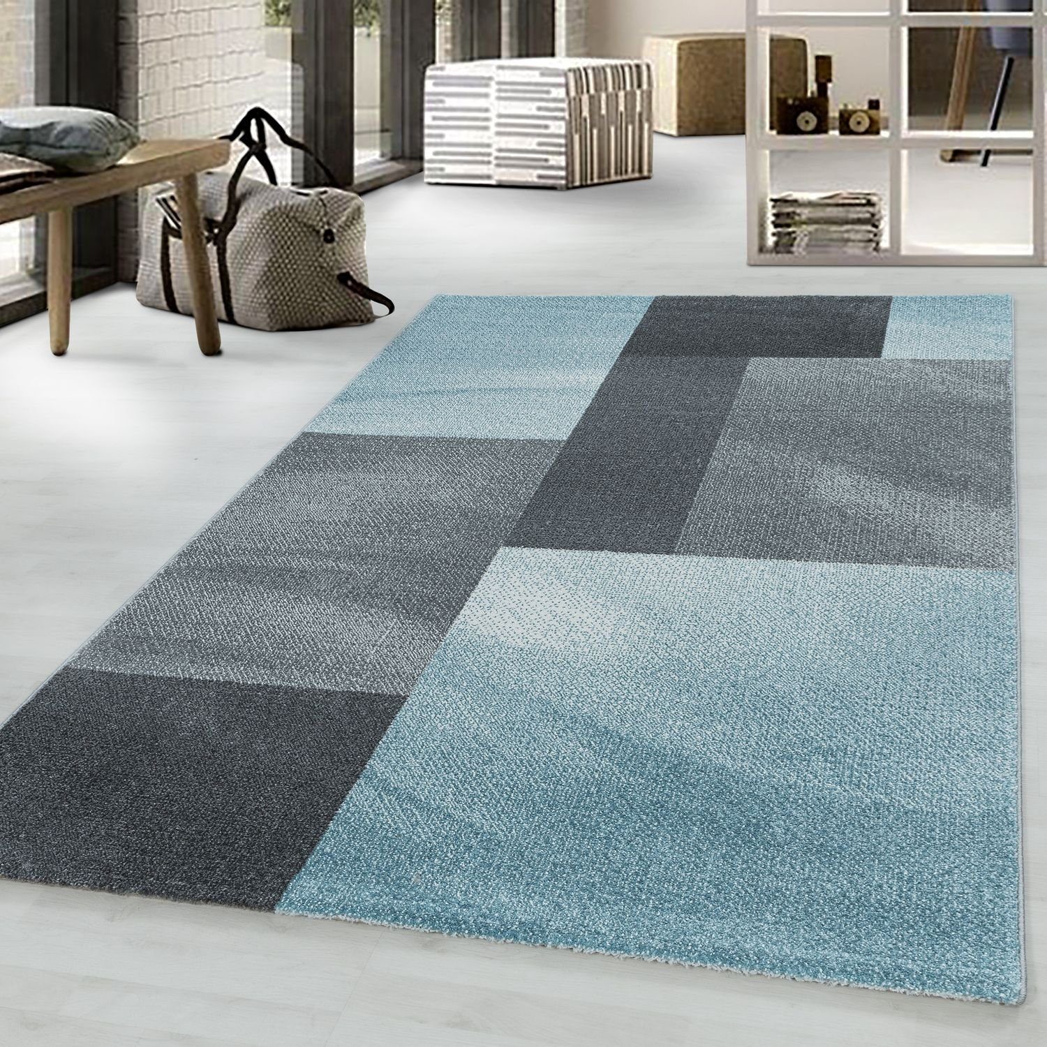 Teppich Kurzflor Teppich Elisa Blau, Teppich Boss, rechteckig, Höhe: 1 mm,  Abstrakt Kariert Design