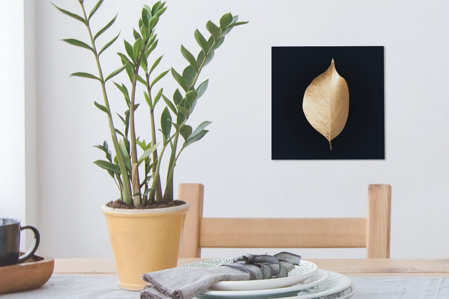 OneMillionCanvasses® Leinwandbild Schwarz (1 - - Gold Luxus, Wohnzimmer Blätter - Pflanzen für St), Bilder Schlafzimmer Leinwand 