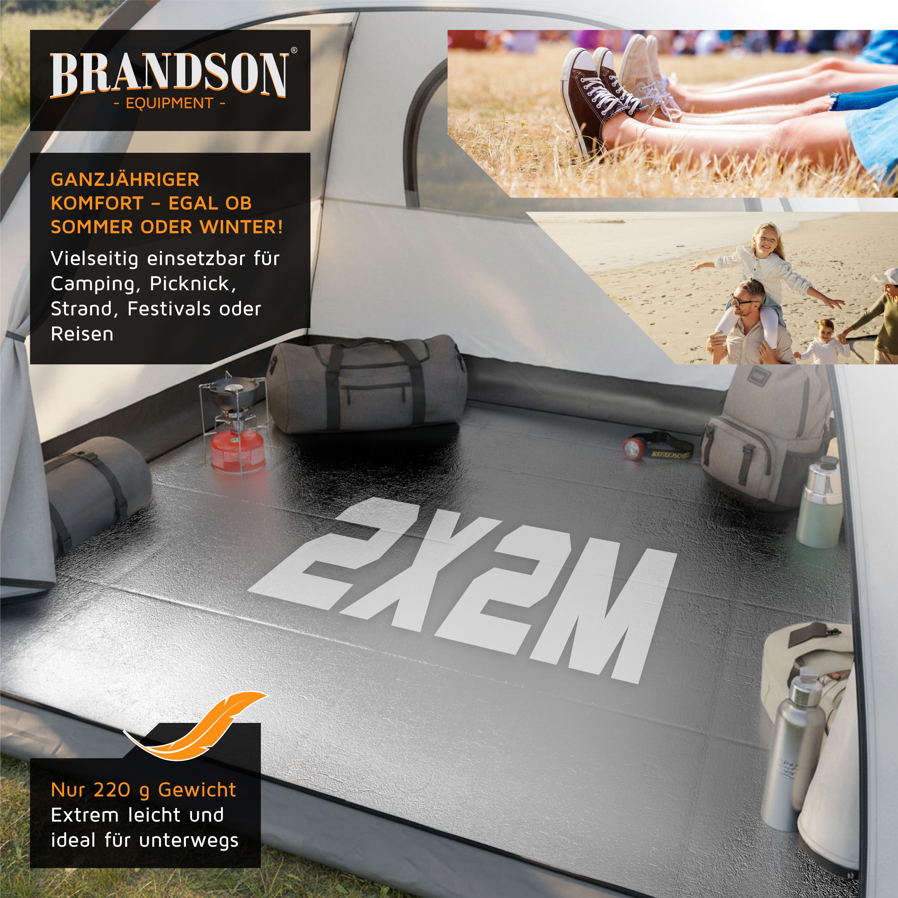 Brandson Isomatte faltbare Isoliermatte, Campingmatte, outdoor, wasserabweisend, (1-tlg), ultraleicht, Aluminium, EPE-Schaum, pflegeleicht, 2x2 m, 200x200 cm