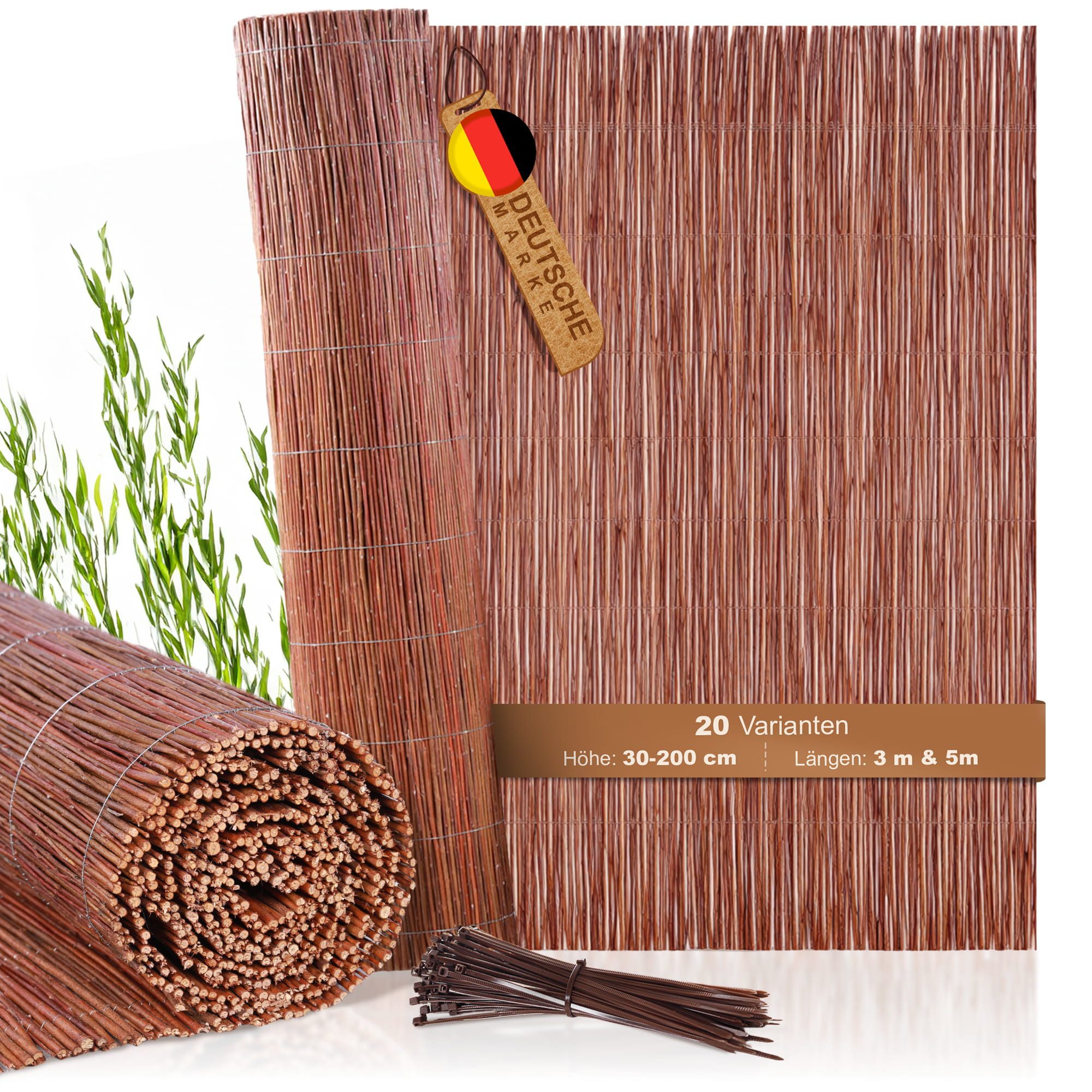 BooGardi Weidenzaun Weidenmatte mit Kabelbindern, (Höhe 30cm x Breite 3m · viele Größen), Sichtschutz Garten Balkon Terrasse Gartenzaun Holz
