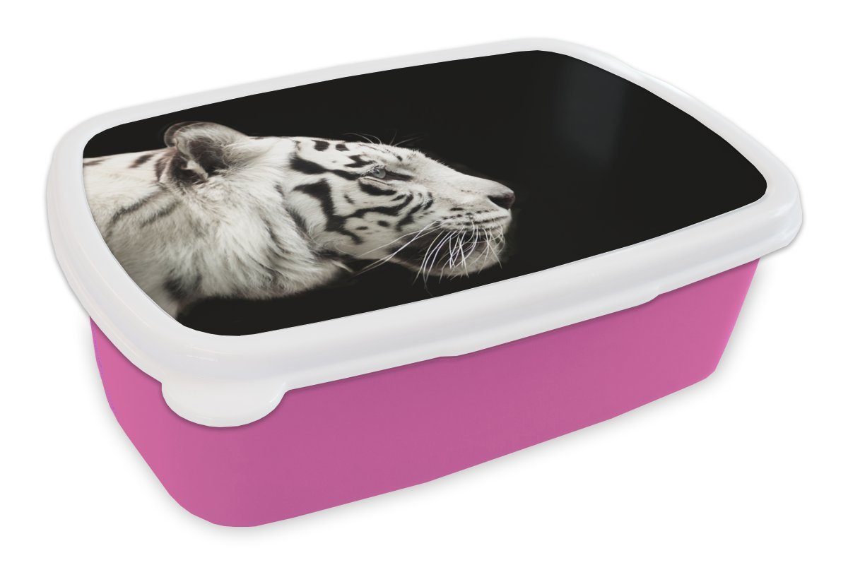 MuchoWow Lunchbox Tiger - Weiß - Schwarz, Kunststoff, (2-tlg), Brotbox für Erwachsene, Brotdose Kinder, Snackbox, Mädchen, Kunststoff rosa