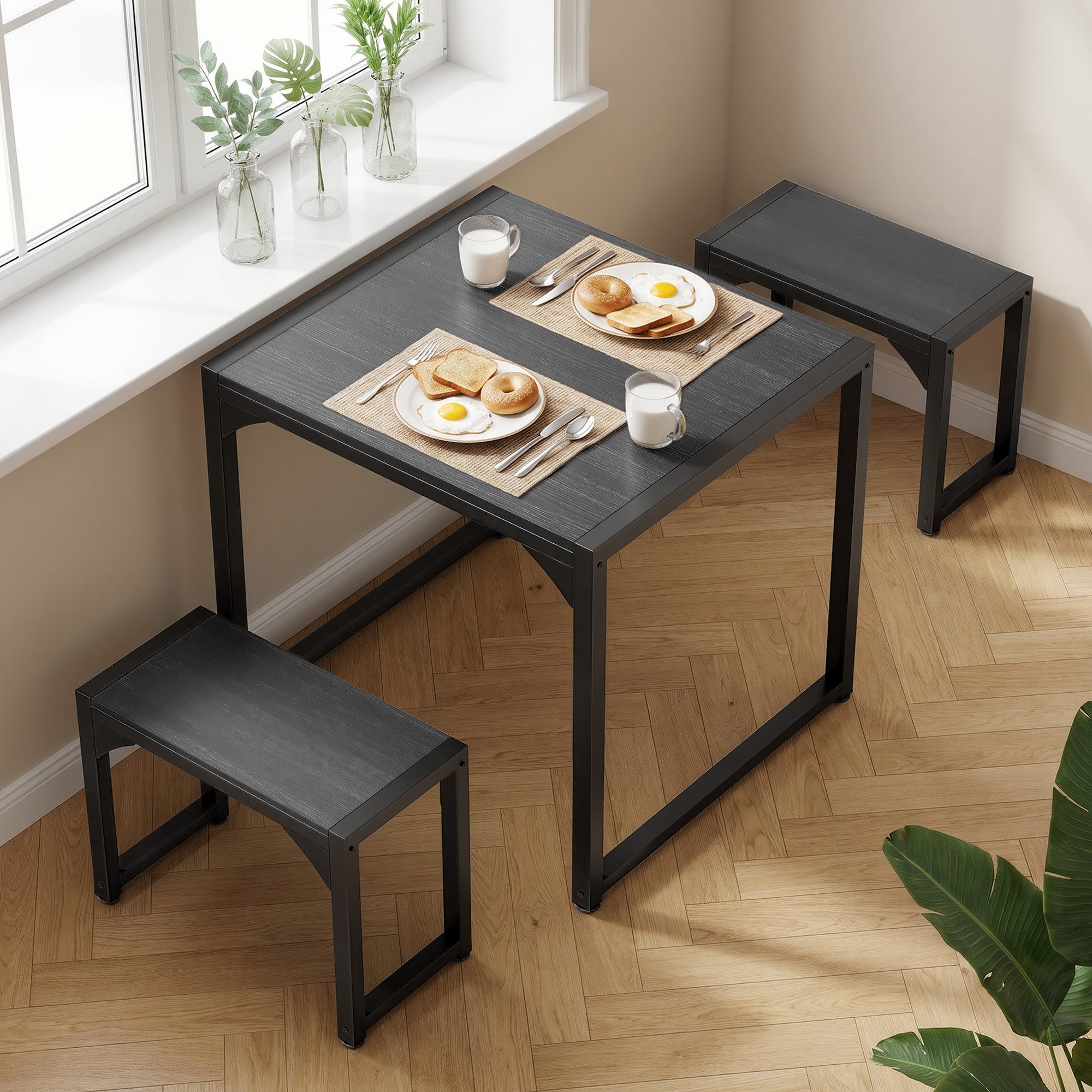 Bealife Essgruppe 3er-Set, Esstisch mit 2 Bänken, Stuhl unter dem Tisch verstaubar