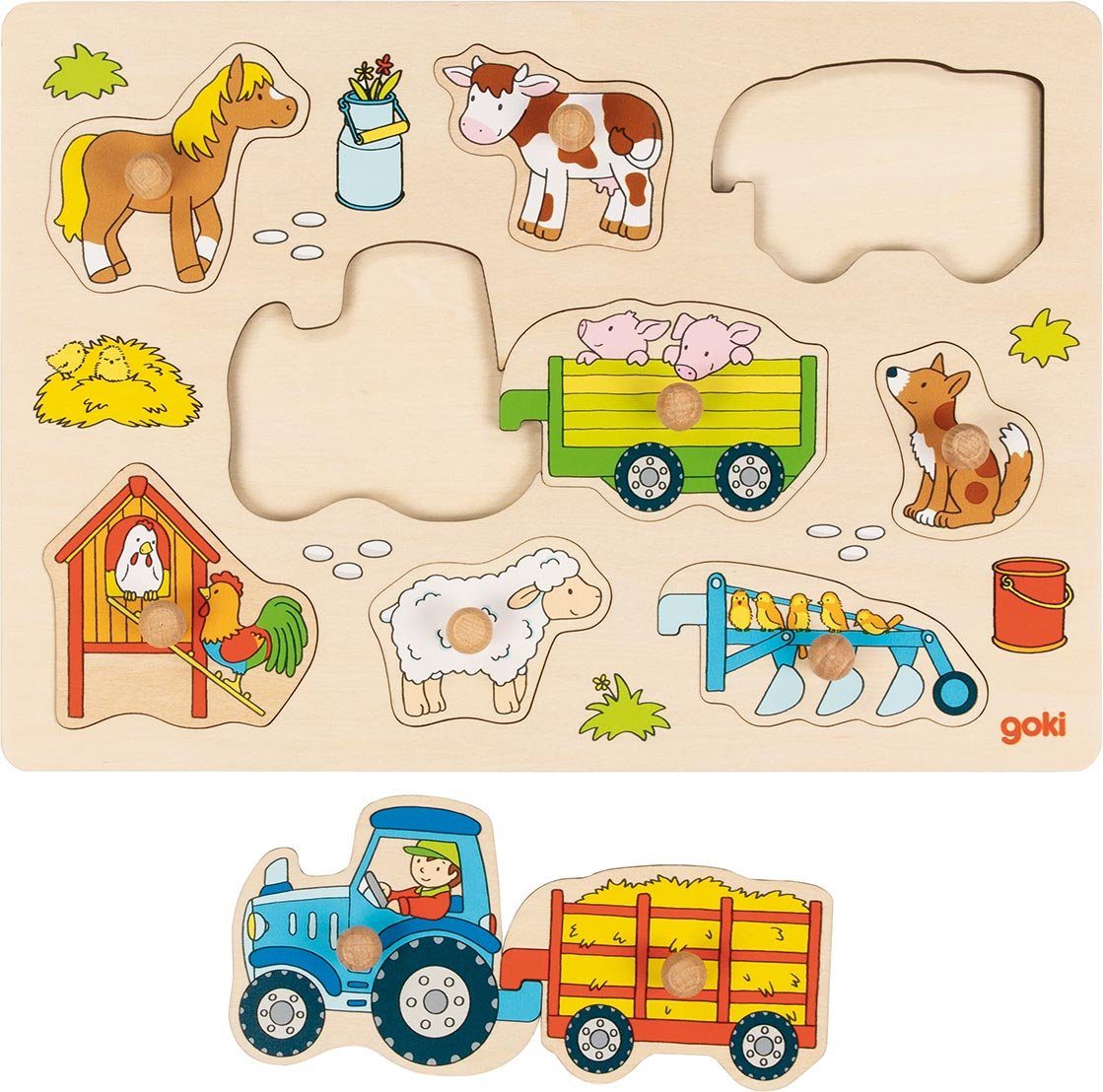 goki Steckpuzzle Traktor mit Anhängern Holz-Steckpuzzle Puzzle, 9 Puzzleteile, Anhänger und Traktor lassen sich auch ausserhalb des Puzzles verbinden