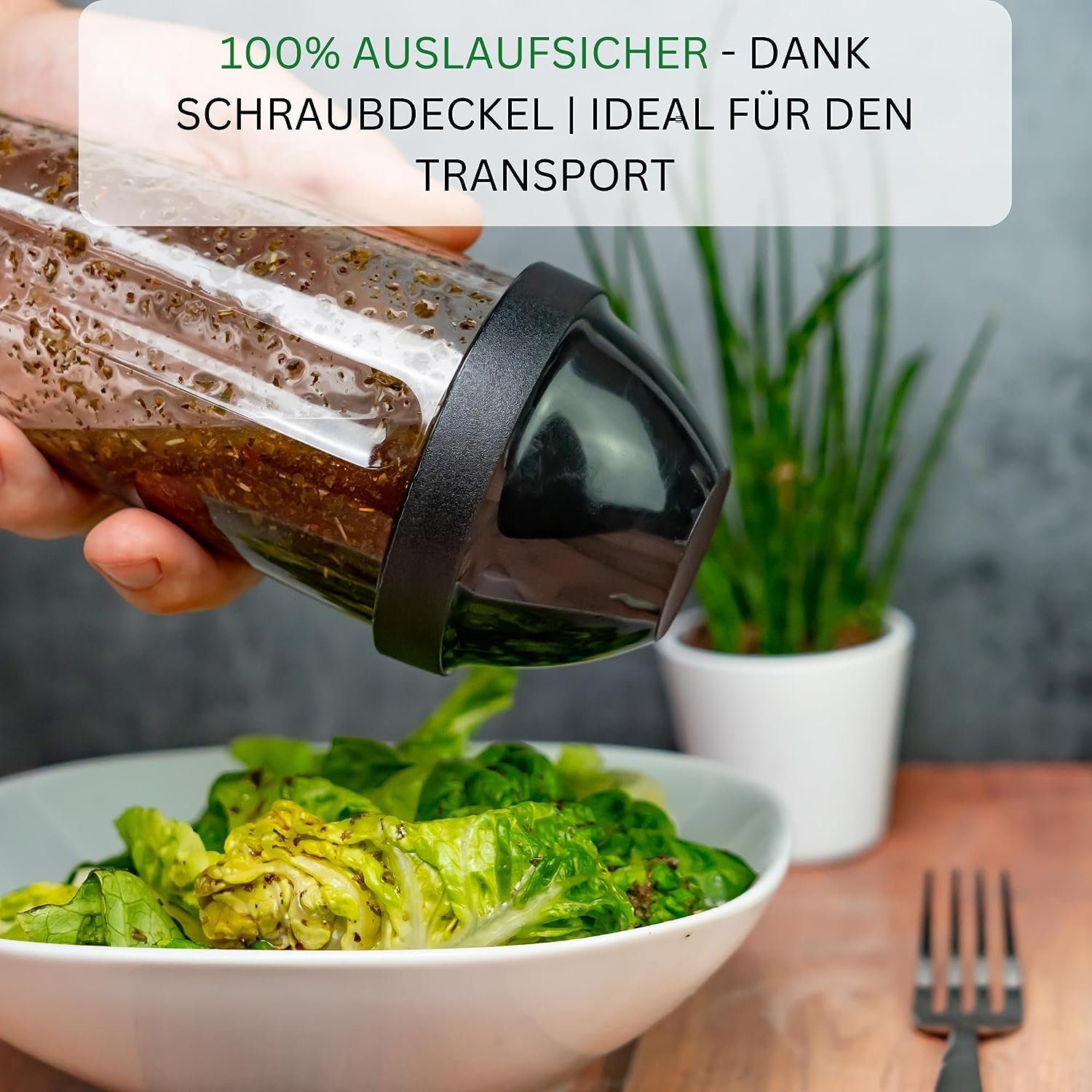 Thiru Dressing Shaker 400ml - inkl. E-Book mit 25 Salat & Dressing  Rezepten, Basic Kunststoff, spülmaschinenfest, für Salatsoßen, klumpenfrei | Dressingshaker