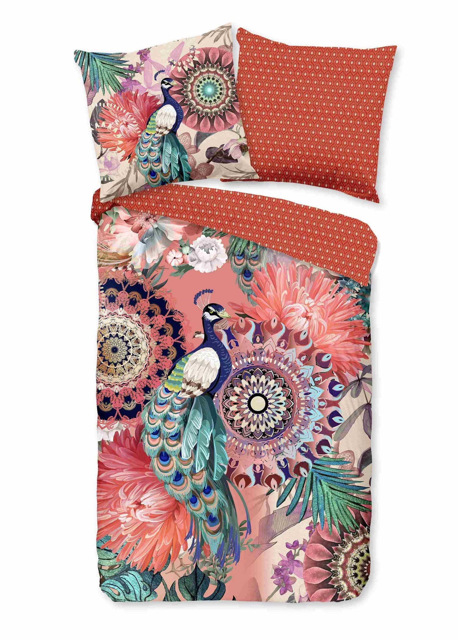 Traumschloss Bettwäsche Baumwolle, Satin, 2 teilig, Mandalas mit Pfau, orange, petrol