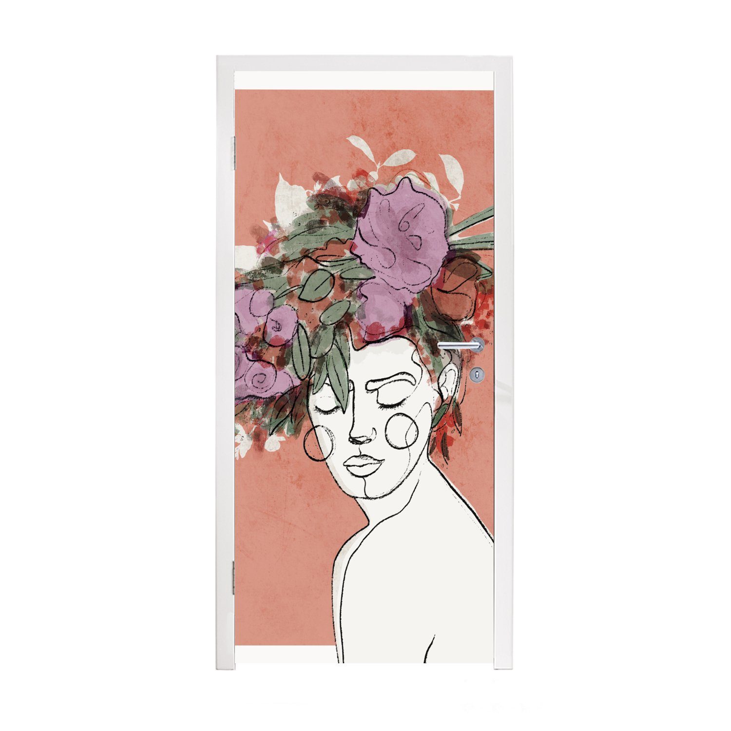 - Matt, bedruckt, MuchoWow St), cm Tür, Türtapete Porträt Frau Türaufkleber, Pastell, 75x205 - für - Blumen Fototapete (1