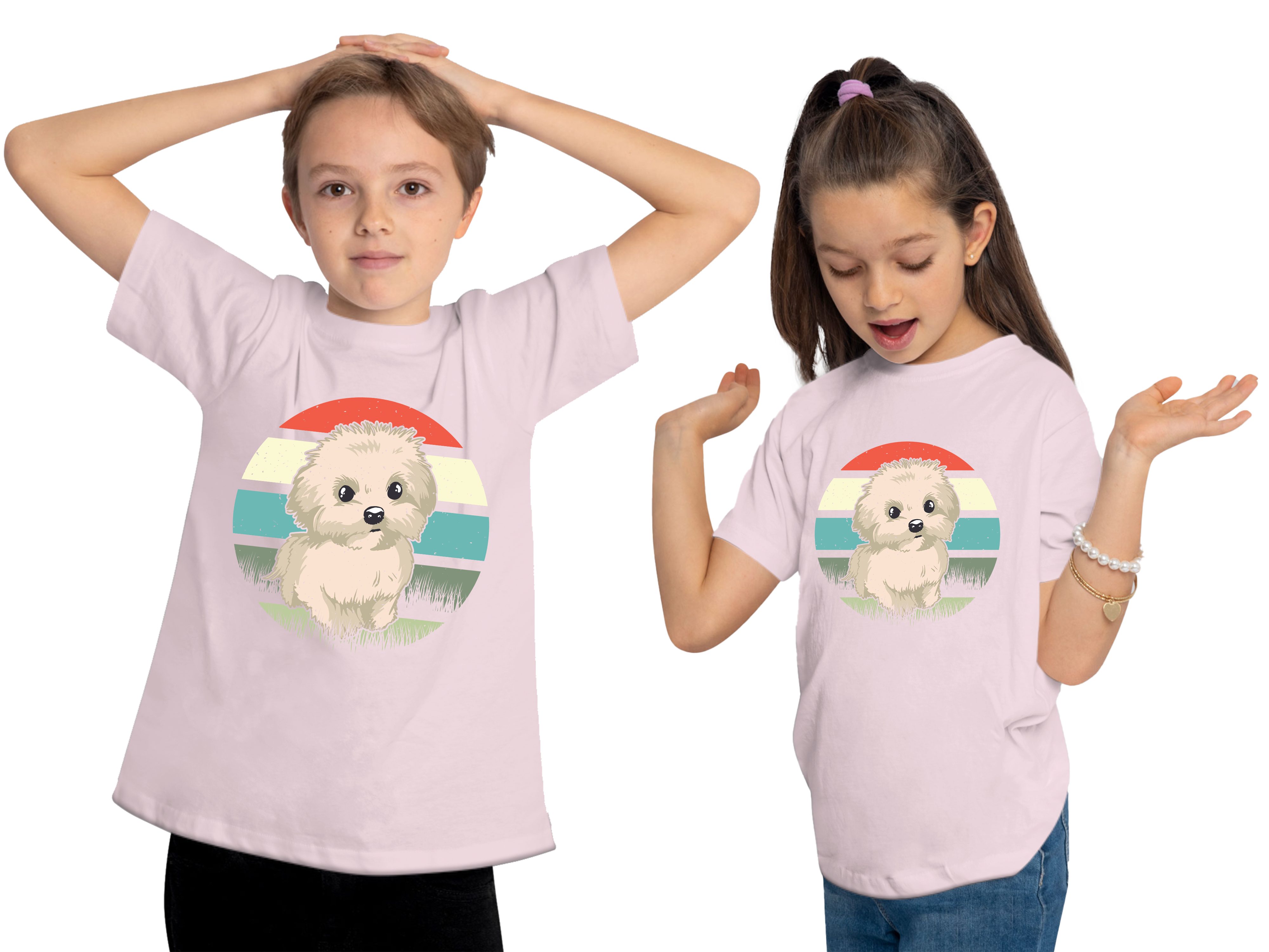 MyDesign24 Print-Shirt Kinder i242 T-Shirt - rosa Retro Aufdruck, Baumwollshirt Welpen bedruckt mit Hunde Malteser