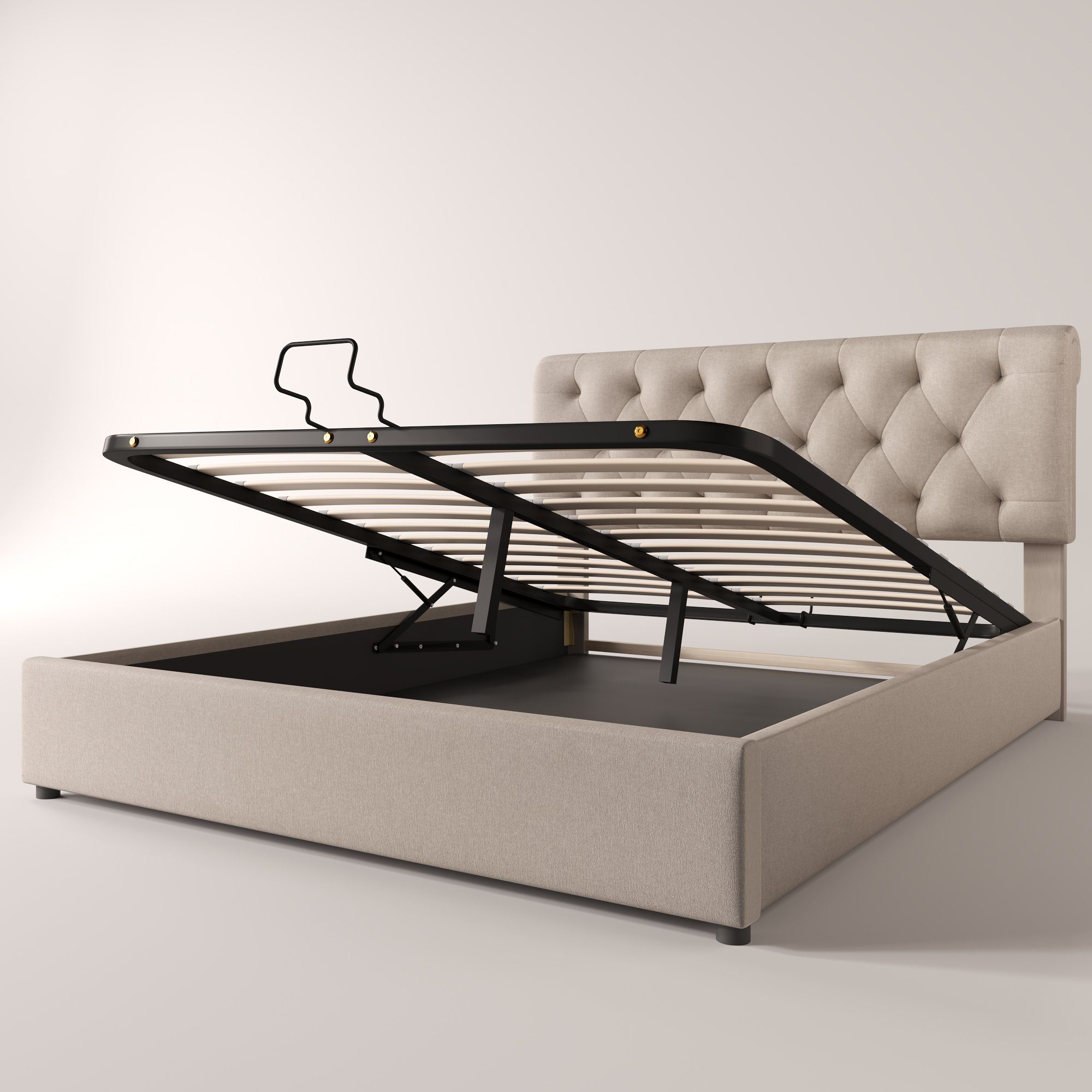Boxspringbett (Polsterbett mit Lattenrost, Bettkasten und Matratze, verstellbarem Kopfteil), 140x200 cm Hydraulisches Doppelbett, Bezug aus Leinen, Kiefernholz