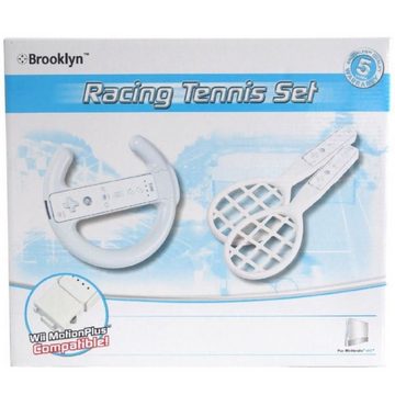 Brooklyn Set Racing Wheel Lenkrad Tennis-Schläger Weiß Controller (Passgenau für Nintendo Wii WiiU Controller, Ideal für Wii Sports etc)