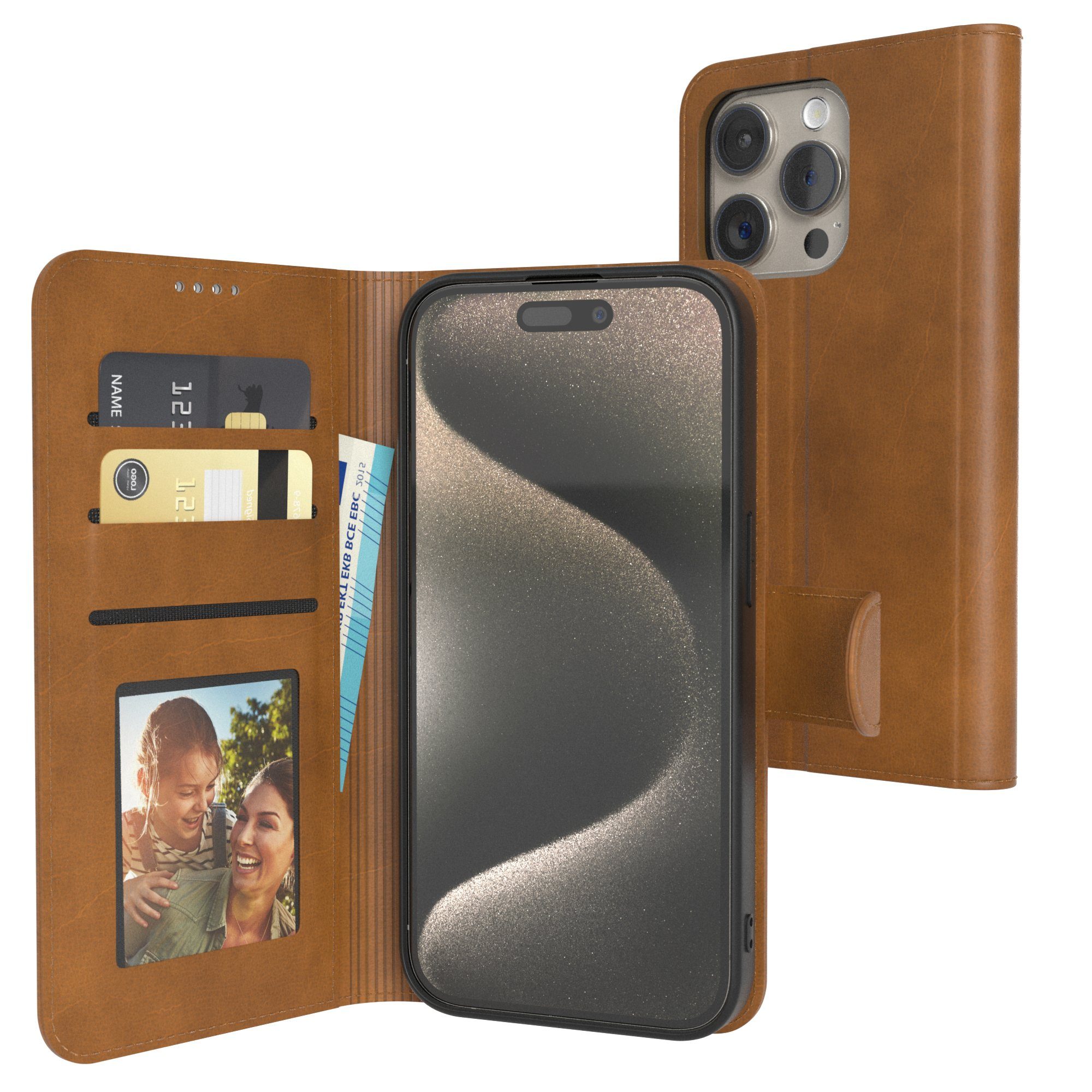 EAZY CASE Handyhülle Business Handyhülle Kartenfächer für iPhone 15 Pro 6,1 Zoll, Flipcase mit Sichtfenster für Foto Klapp Hülle Kartenetui Hellbraun
