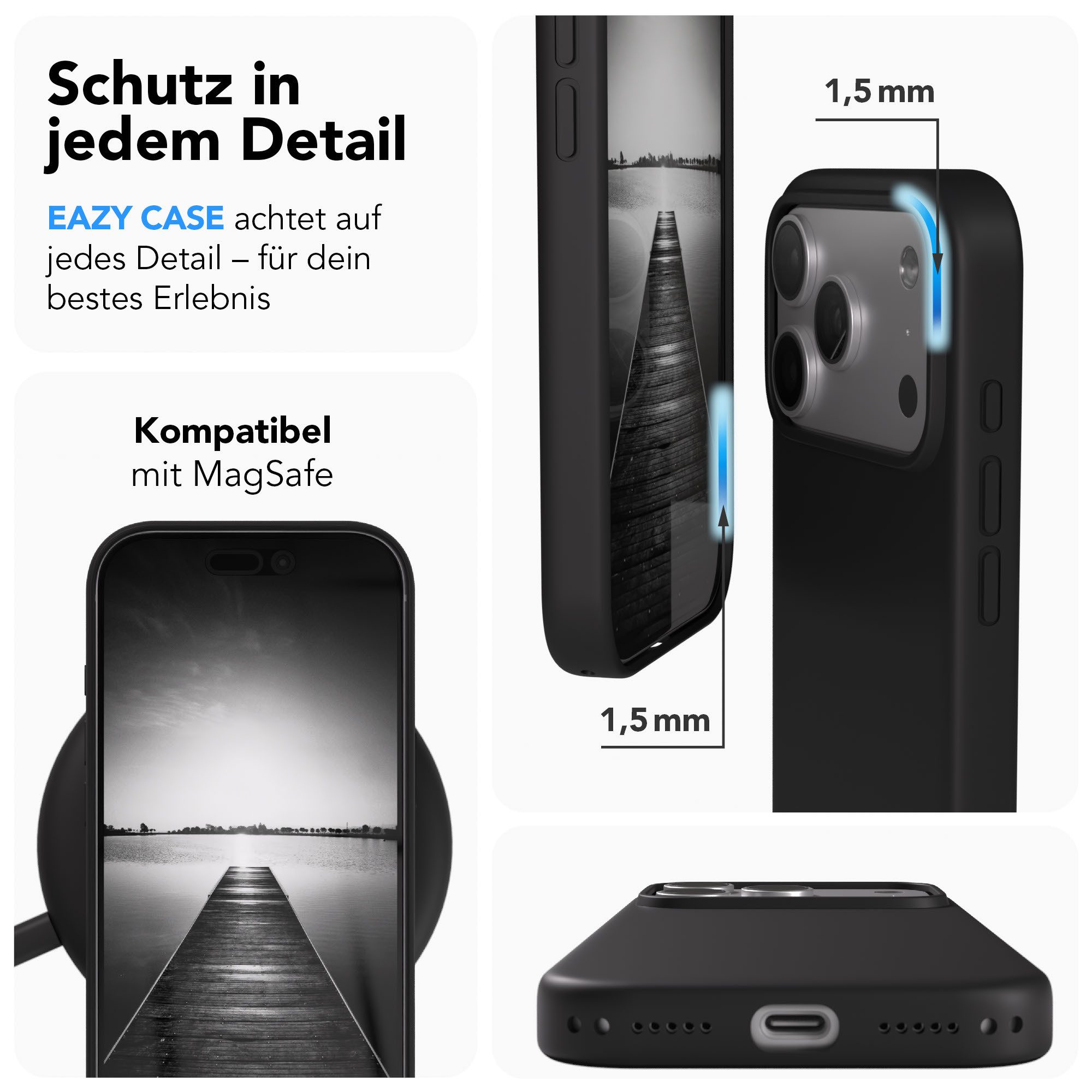 EAZY CASE Handyhülle für Apple iPhone 17 Pro Hülle Silikon 6,3 Zoll, Cover kompatibel mit Qi Magsafe Bumper Silicon Case kratzfest Schwarz