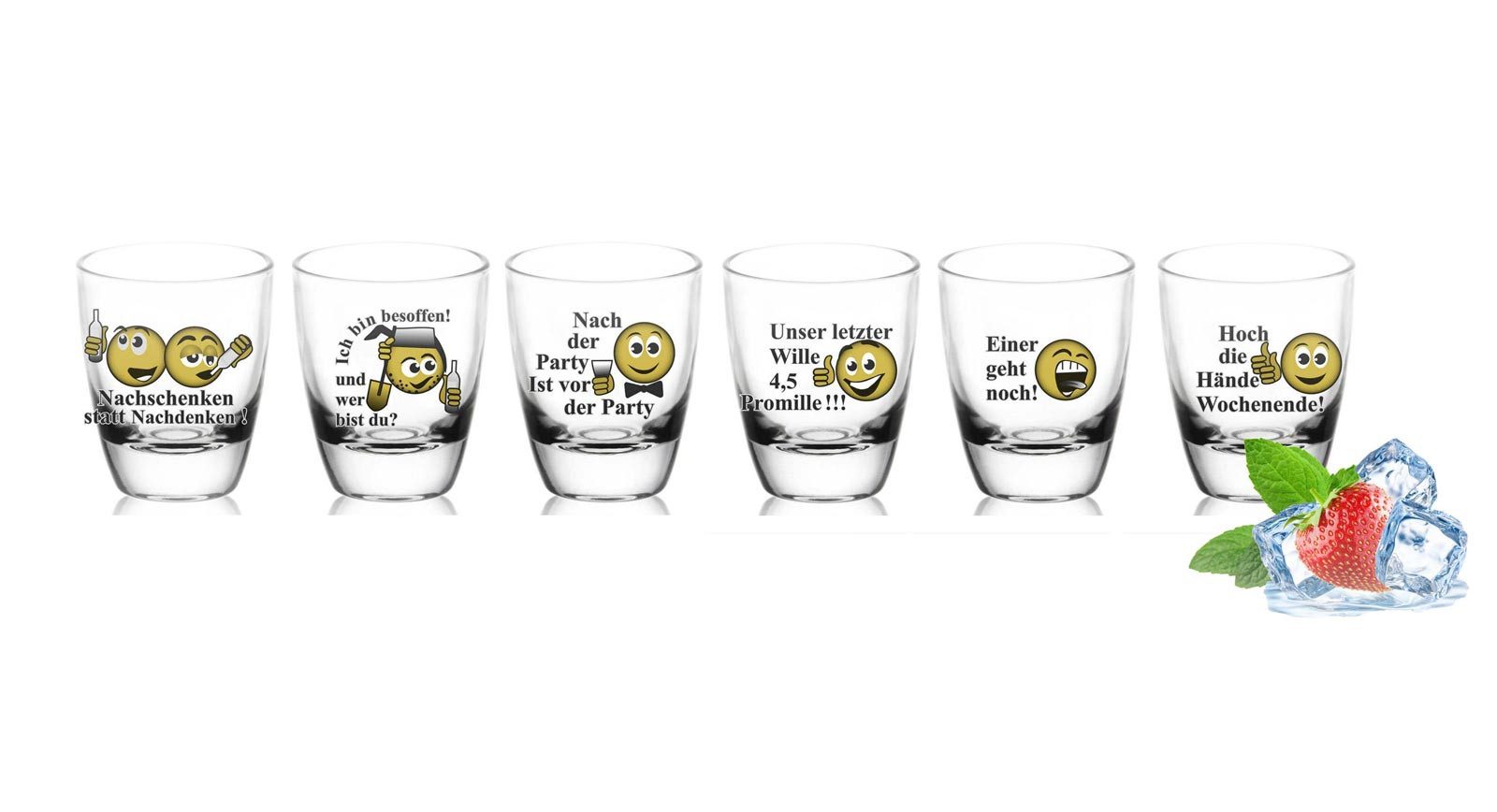 Sendez Schnapsglas 6 Schnapsgläser mit Sprüchen Shots Stamper Wodkagläser Barrel, 6-tlg., Glas