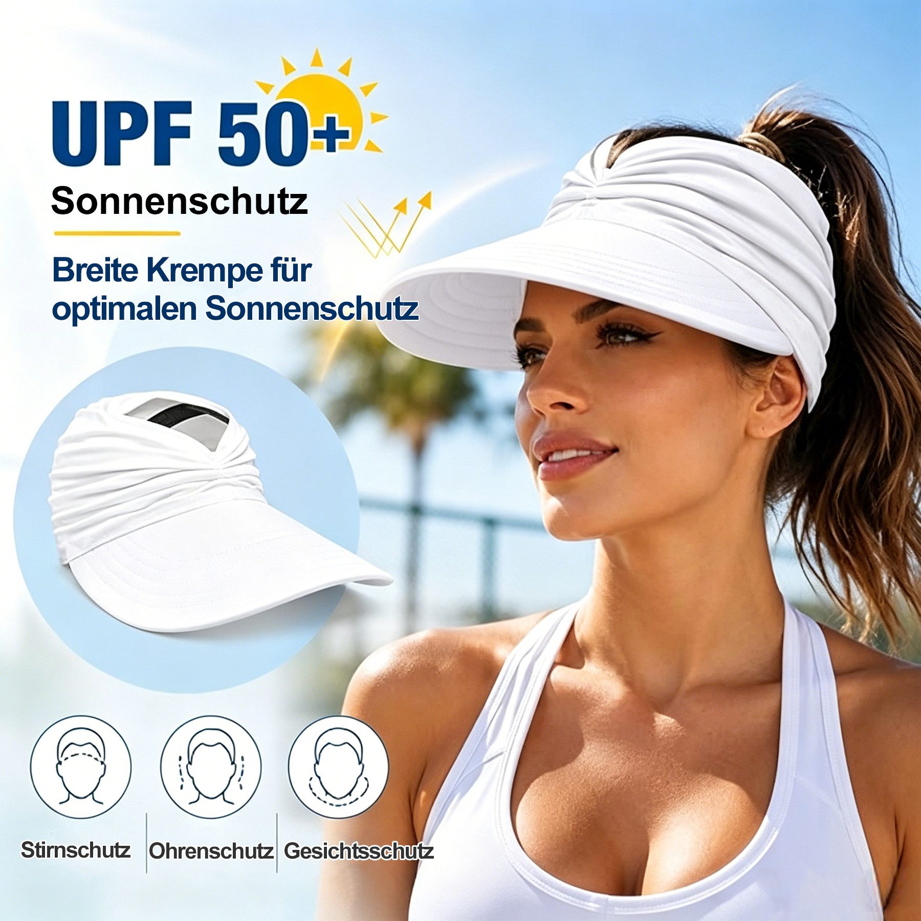 Mutig Strohhut 2 Stück Damen Sonnenhut Visor UPF 50+ mit breiter Krempe (faltbar verstellbar Sommerhut mit Pferdeschwanz Öffnung, UV Schutz Hut) für Strand, Outdoor und Wandern
