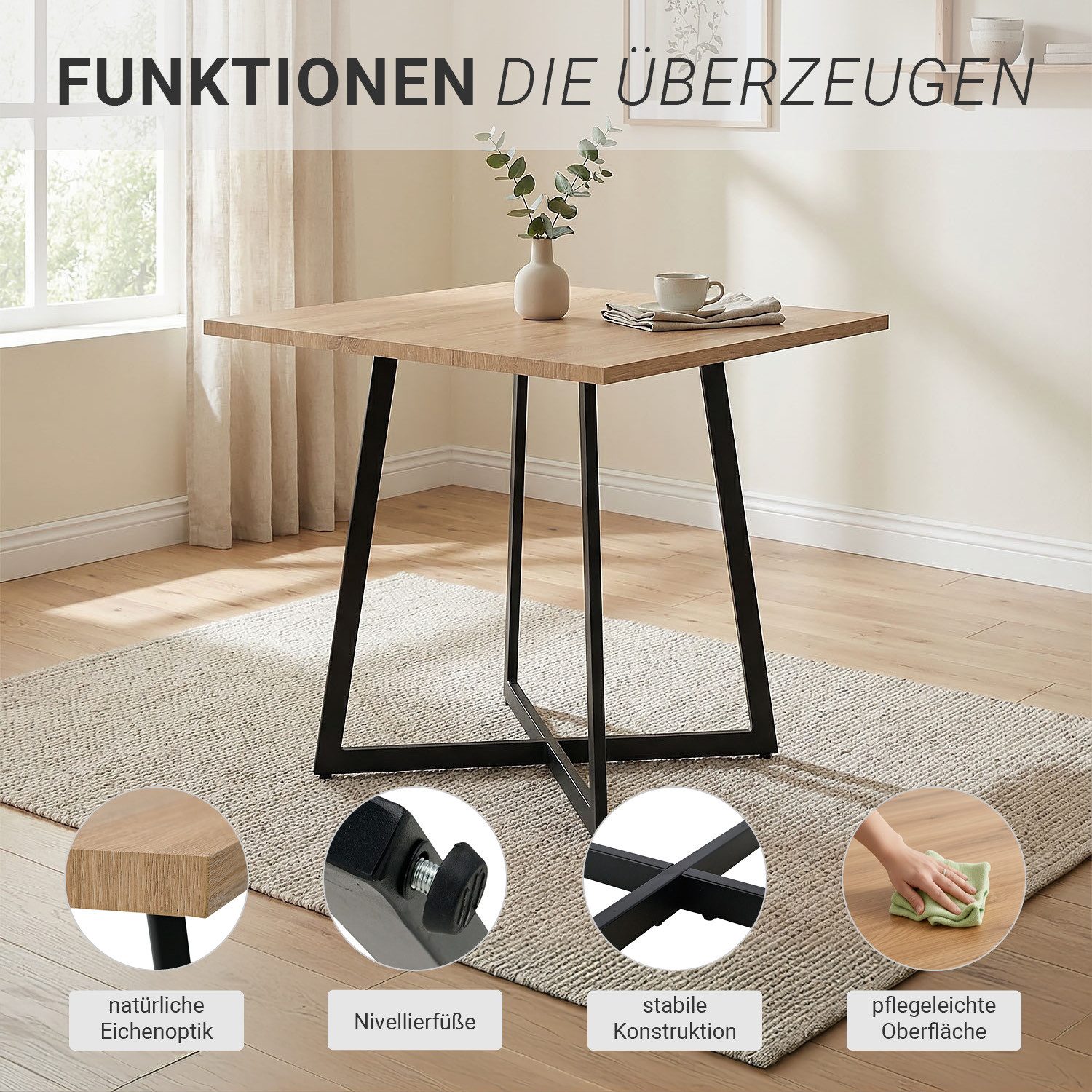 Homestyle4u Esstisch 80x80 Esszimmertisch Holztisch Küchentisch Eiche Schwarz modern, Braun, Kufen, stabil, kompakt