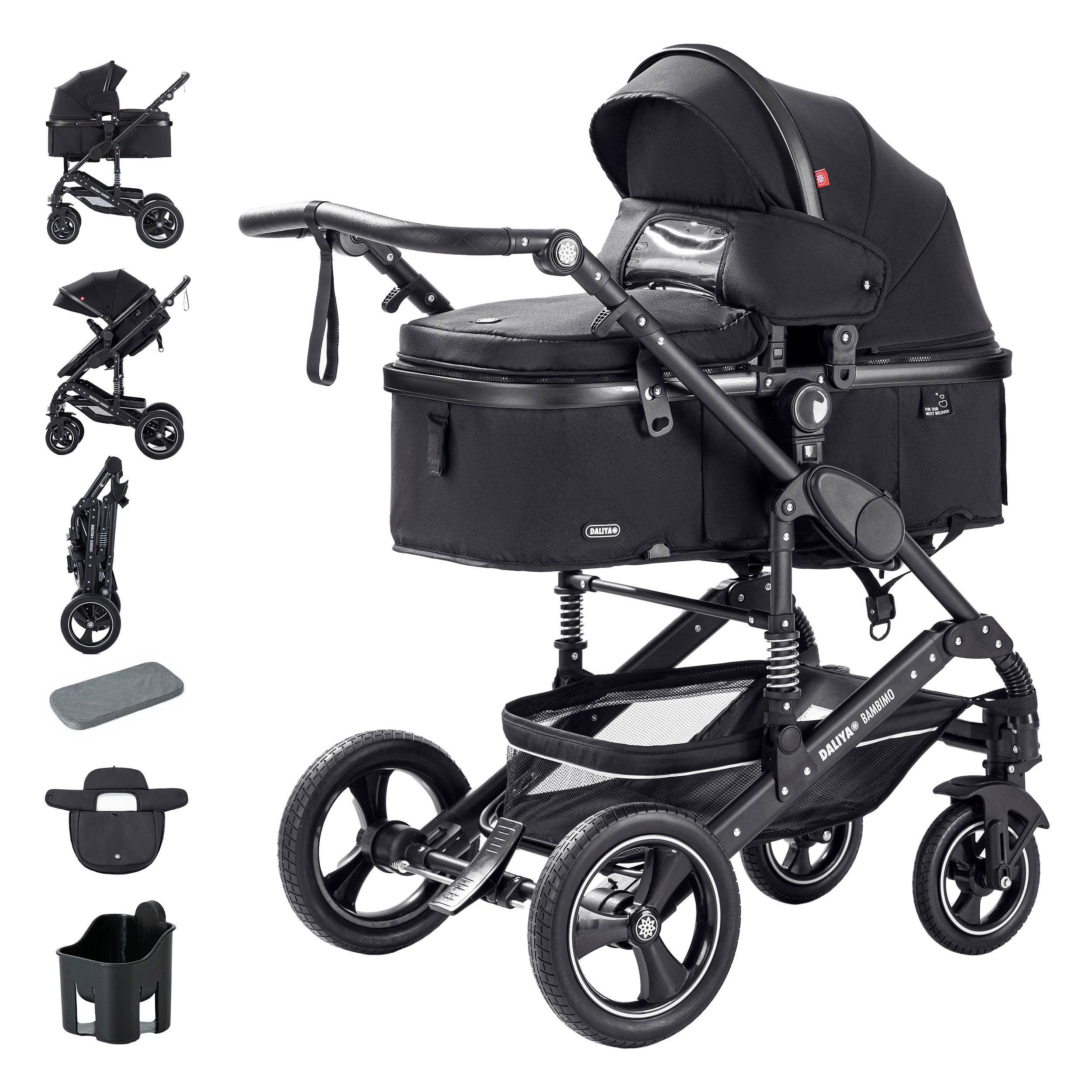 Daliya® Kombi-Kinderwagen BAMBIMO 2in1 Kinderwagen & Buggy, Babywanne und Sportsitz, Alu-Rahmen, (Grundausstattung für Babys, 9-tlg), Großer Einkaufskorb, Federung, weiche Matratze, Belüftungssystem