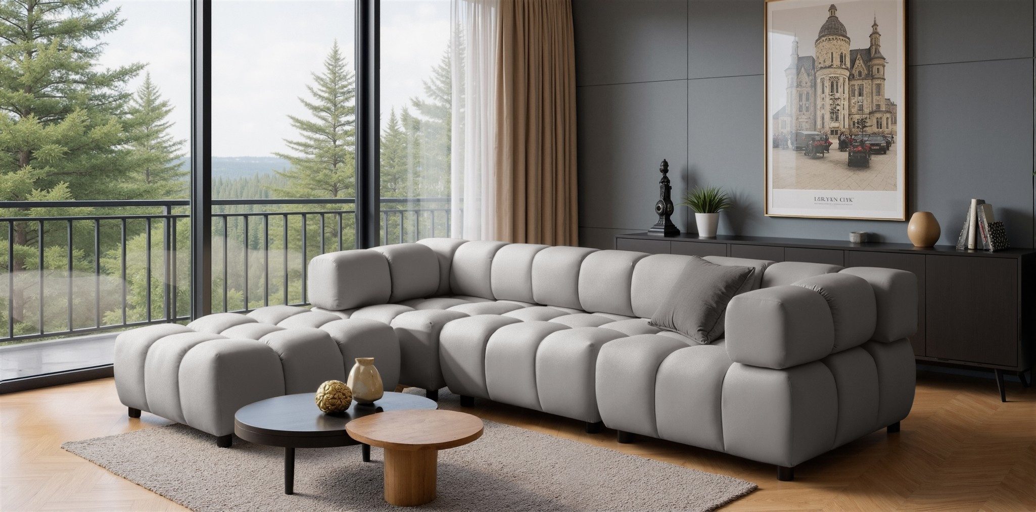 Fun Möbel 3-Sitzer Designersofa FLOW inkl.1xPolsterhocker in Stoff Bluvel, mit Hockern zum Ecksofa erweiterbar, zum Ecksofa erweiterbar
