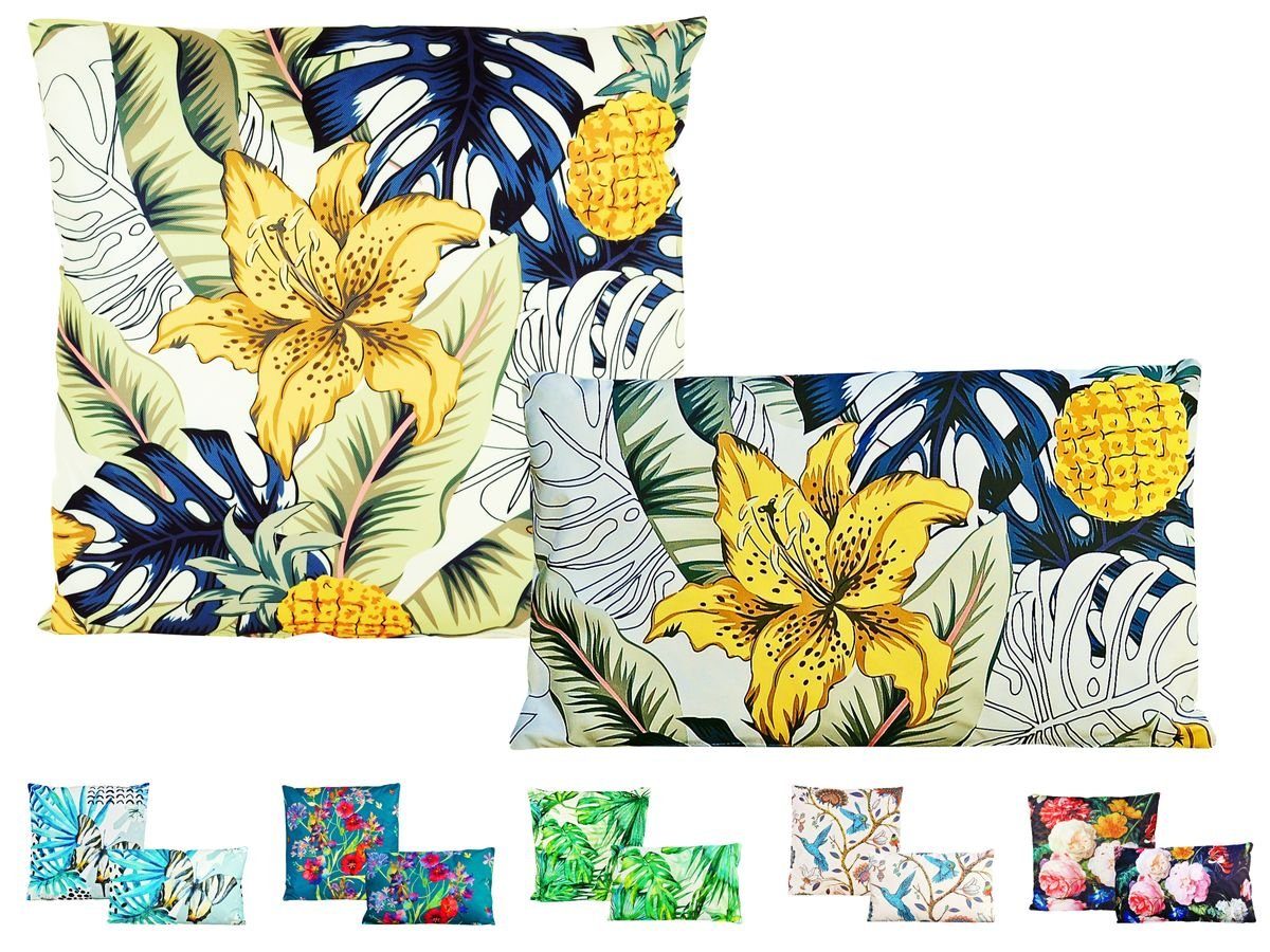 JACK Dekokissen 2er Set Outdoor Lounge Motiv Wende Kissen 45x45cm + 30x50cm Dekokissen, inkl. Füllung, Robust, Strapazierfähig, Wasserfest, Innen & Außen Blütentraum Gold