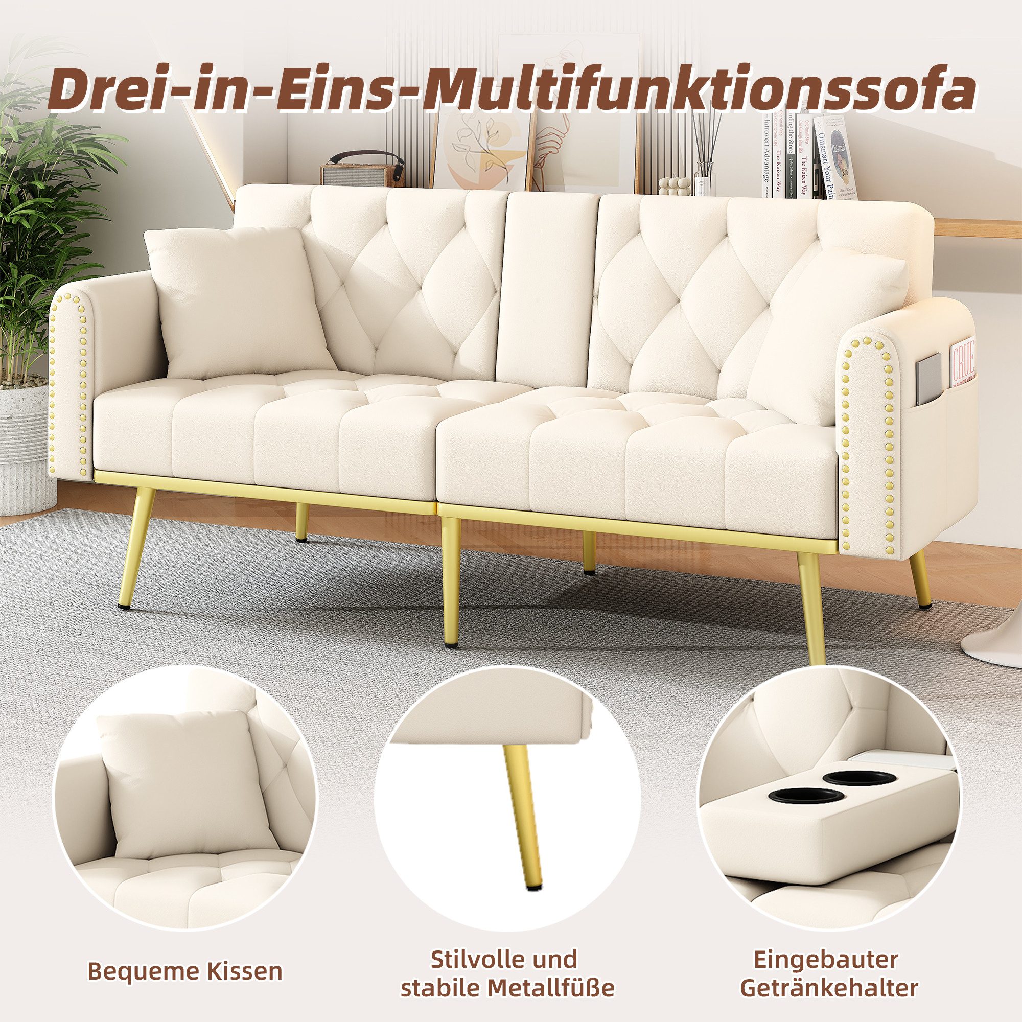 BlingBin Schlafsofa Zweisitzer-Sofa Sofabett Doppelt klappbares Sofabett mit Liegefunktion, Drei verstellbaren Neigungswinkeln und Getränkehalter 1 Teile, Ausziehsofa für Wohnzimmer, Schlafzimmer, Heimkino oder Gästezimmer