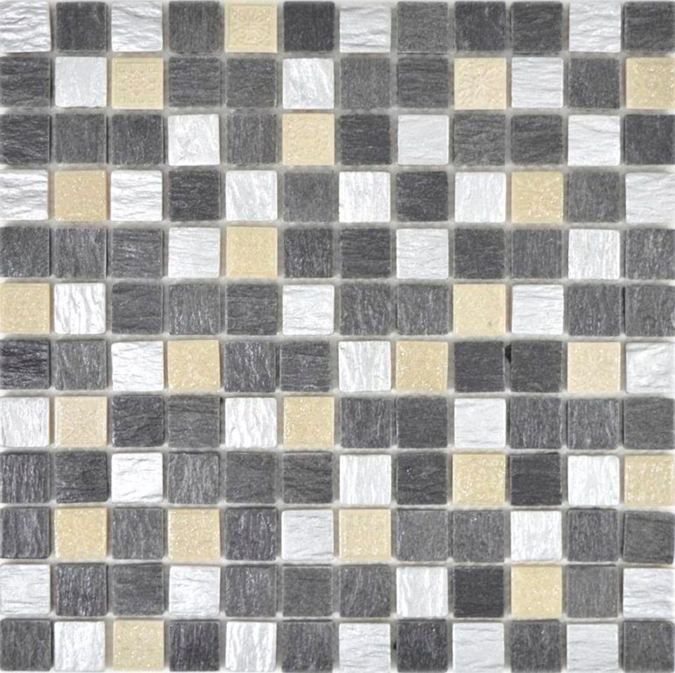 Mosani Mosaikfliesen Glasmosaik Resin Mosaik Matten / matt grau 10 schwarz