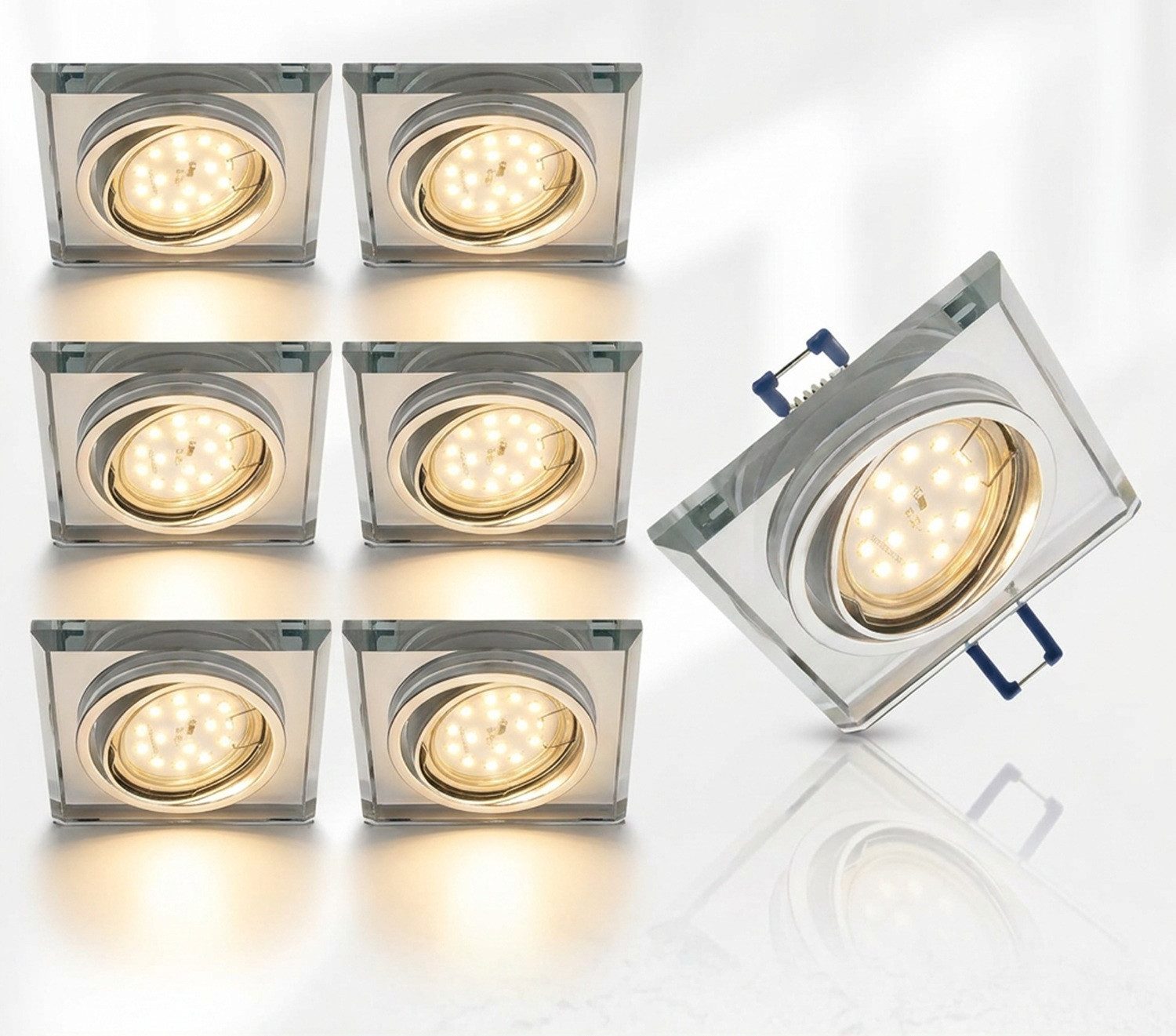TRANGO LED Einbauleuchte, 6er Set 6729S-06GU5W-AK *CRYSTAL* LED Deckenstrahler aus handgeschliffenem Glas & Alu inkl. 3x 5 Watt GU10 LED Leuchtmittel 3000K warmweiß, Einbauspots, Deckenleuchte, Deckenspots, Badleuchte, Deckenlampe