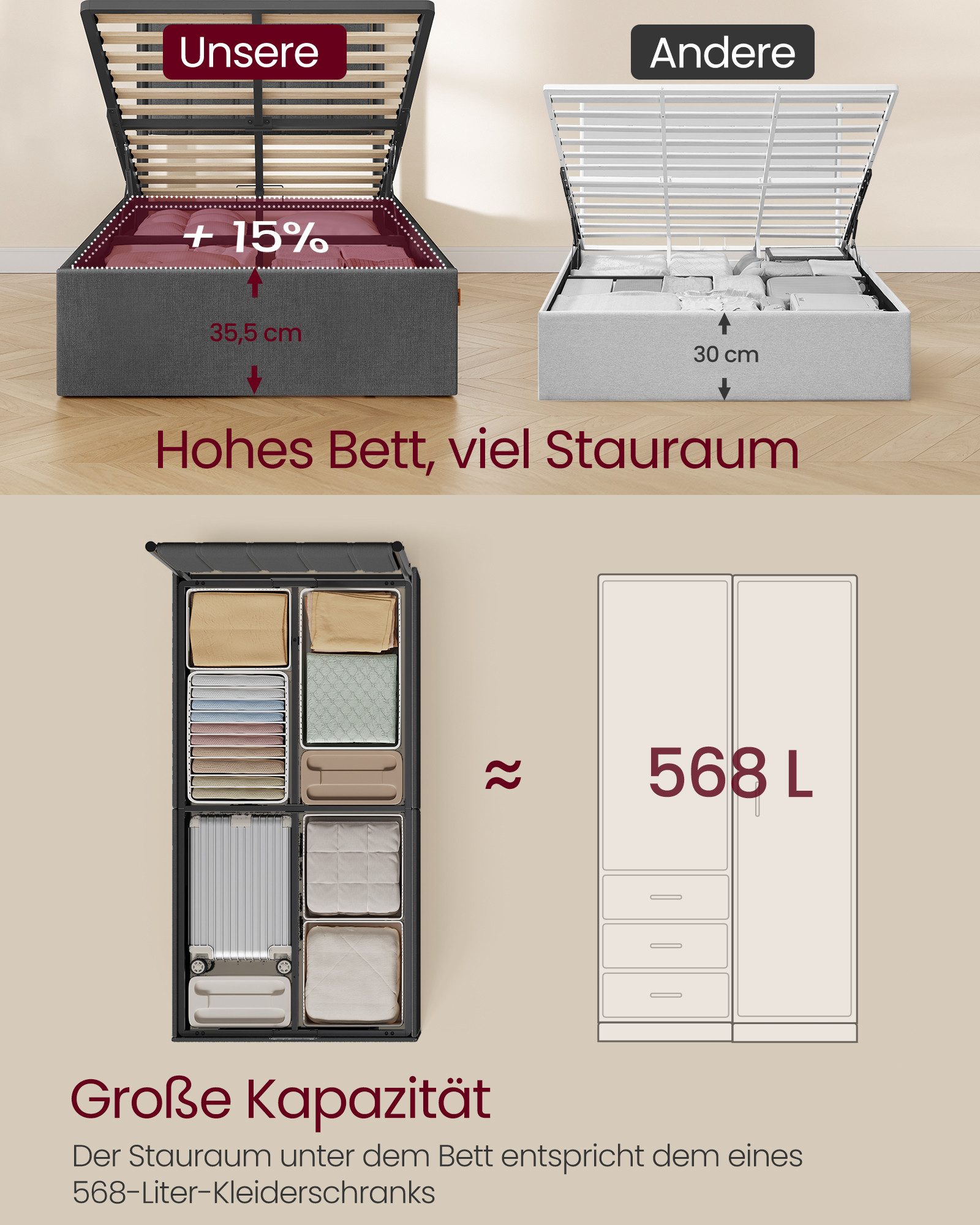 VASAGLE Polsterbett Bettgestell, Bettrahmen, Bett, modern, einfache Montage, Kopfteil, klappbar Lattenrost, Hydrauliksystem, 90 x 200 cm