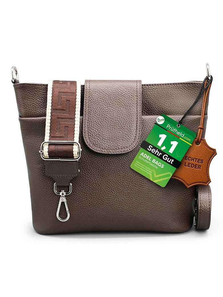 Adel Bags Schultertasche SARA Umhängetasche Damen Dunkelbraun aus Echtleder Crossbody (Test SEHR GUT, Note 1.1), 20 Farboptionen, Hergestellt in Italien, mit 2 Riemen