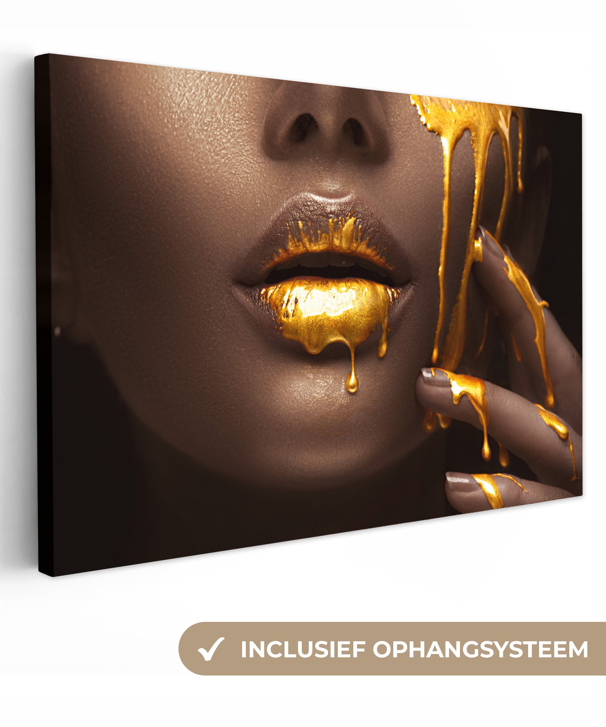 OneMillionCanvasses® Leinwandbild Gold - Frau - Farbe - Lippen - Luxus, Fotodruck (1 St), Leinwand Bilder Klein, Wand Dekoration Aesthetic 30x20 cm