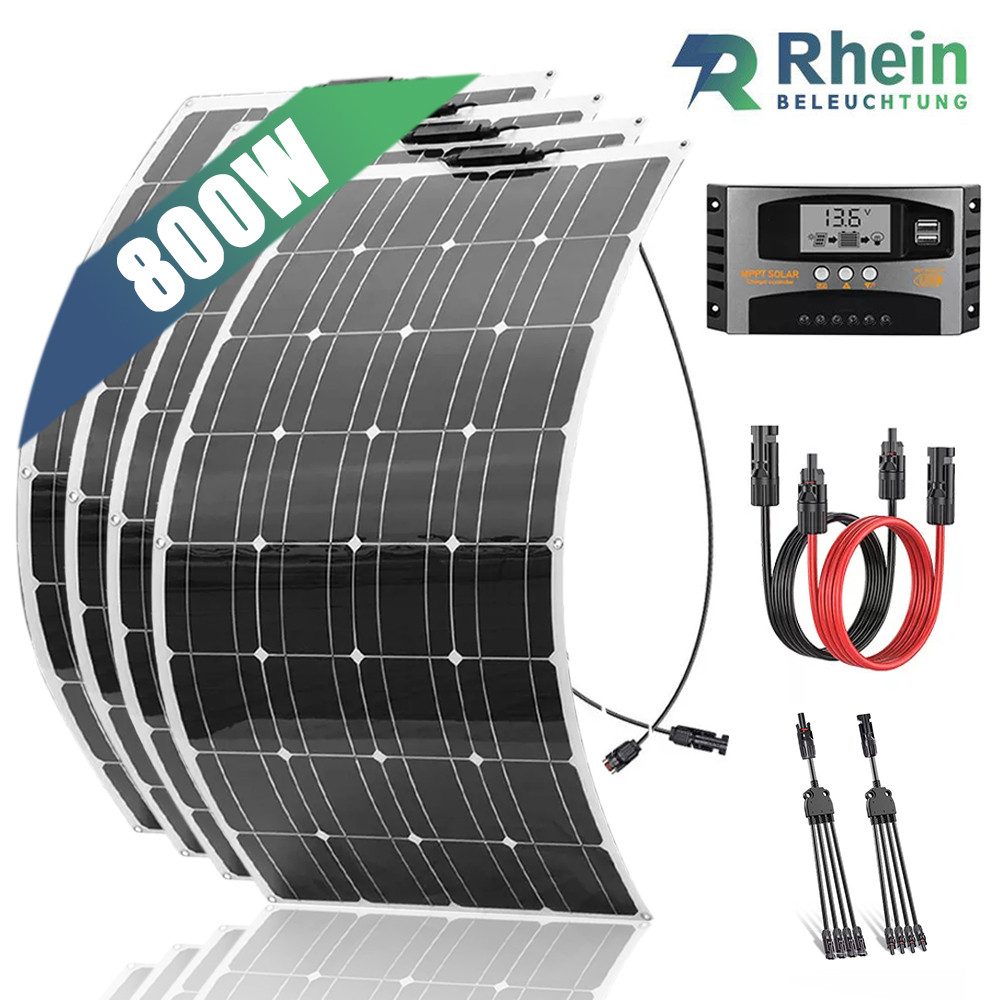 Rhein Beleuchtung Solarmodul 800W Flexibles Solarpanel Set für Wohnmobil Garten Boot 12V, 800 W, Monokristallin, (Ultraflach, IP65, für gewölbte Flächen und Off-Grid-Systeme), 4×200W Module mit 40A Regler & MC4 Verteiler (1 zu 4)