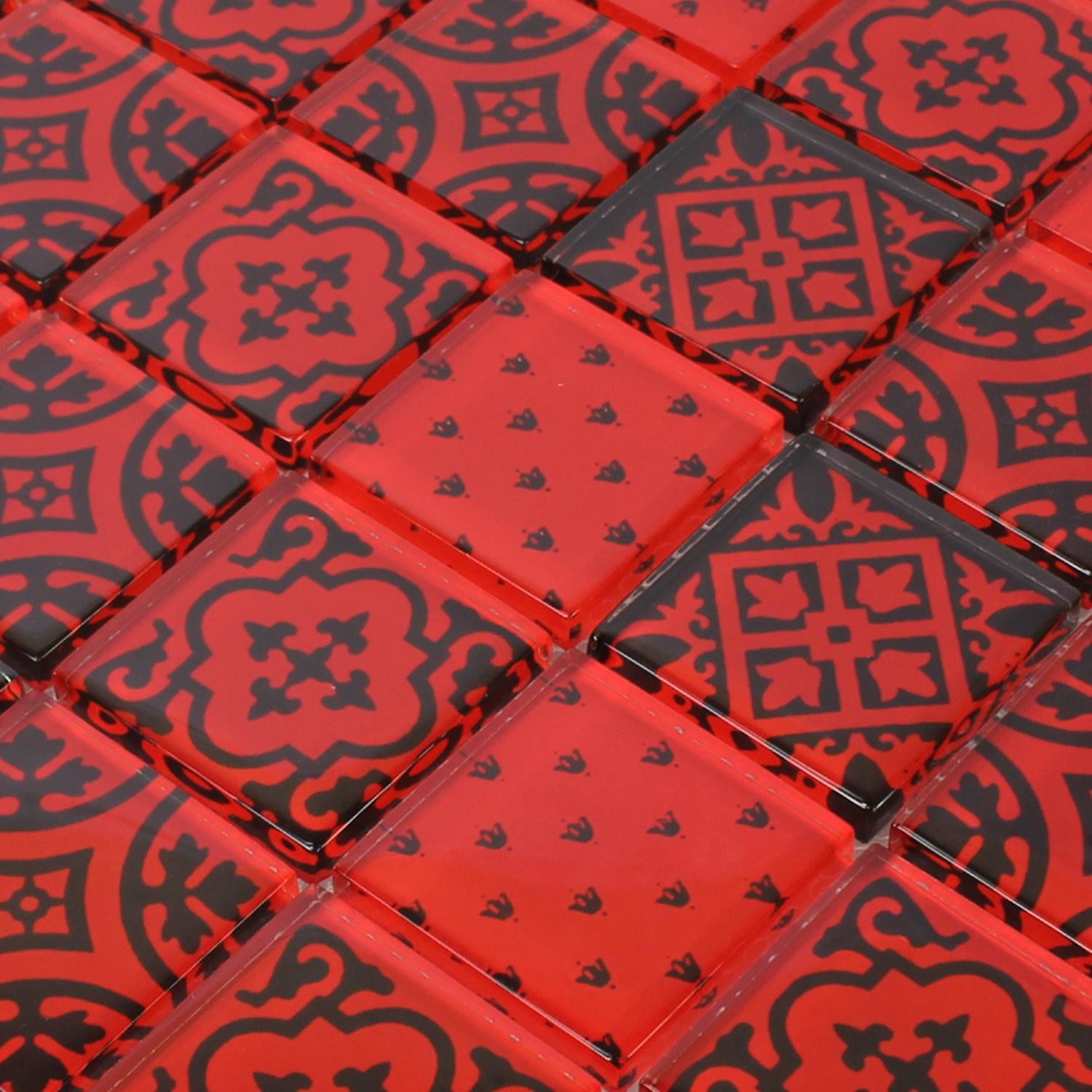 Mosafil Mosaikfliesen Mosaikfliesen Glas Barock, Glas 30.000x30.000, schwarz-rot, Verlegefertig auf ein Netz geklebt - Frostsicher - Wasserfest