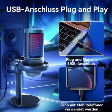 Senmudi Mikrofon PC Mikrofon Gaming Kondensator mit RGB-Steuerung, (USB Mikrofon Stummschalter, Kopfhöreranschluss und tragbarem), leichtem Streaming-Mikrofon-Set für Plug-and-Play-Aufnahmen.