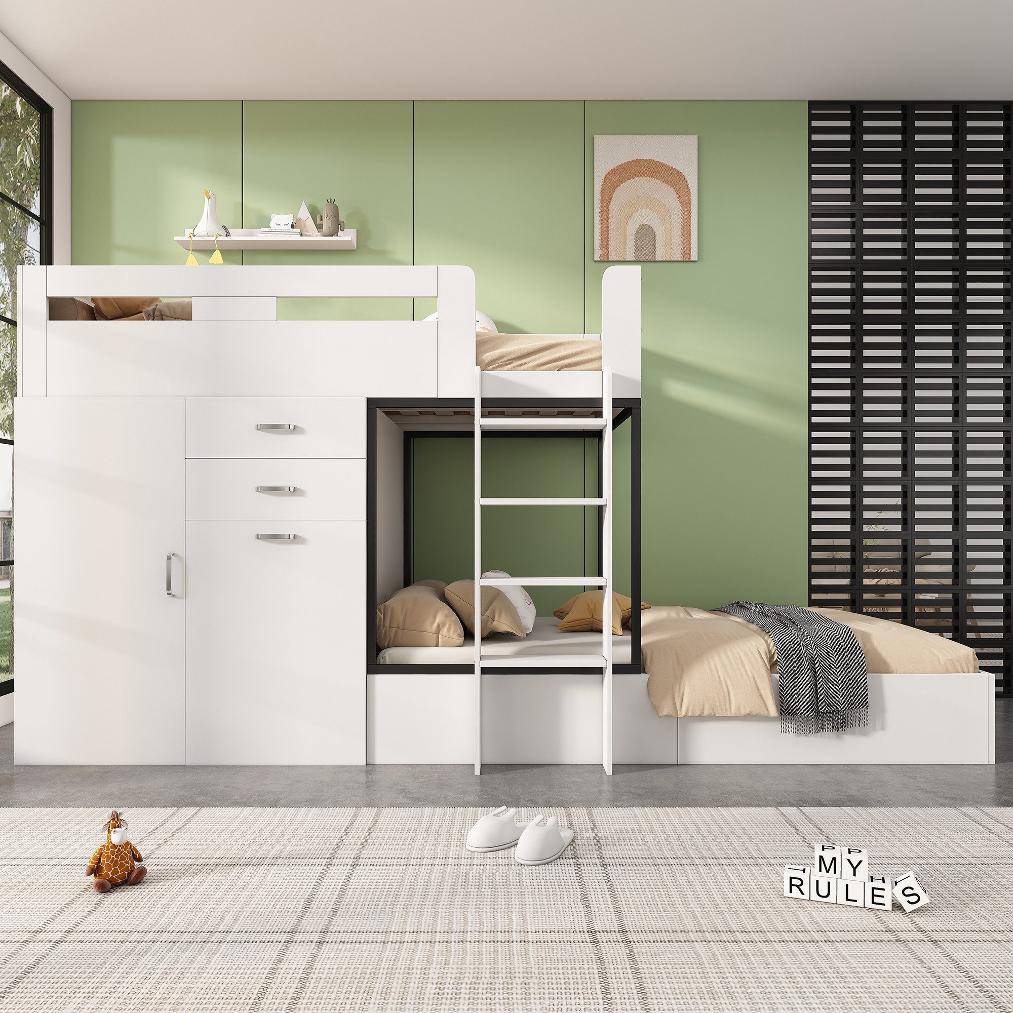 Flieks Etagenbett, Kinderbett 90x200cm mit ausziehbarem Tisch, Garderobe, g günstig online kaufen