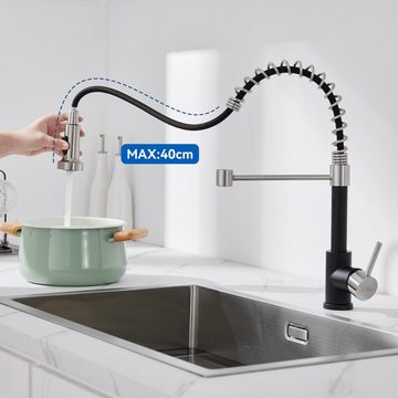 AuraLum pro Spültischarmatur Ausziehbar Wasserhahn Küche Spiralfederarmatur 2 Strahlarten Schwarz 360° drehbar Küchenarmatur