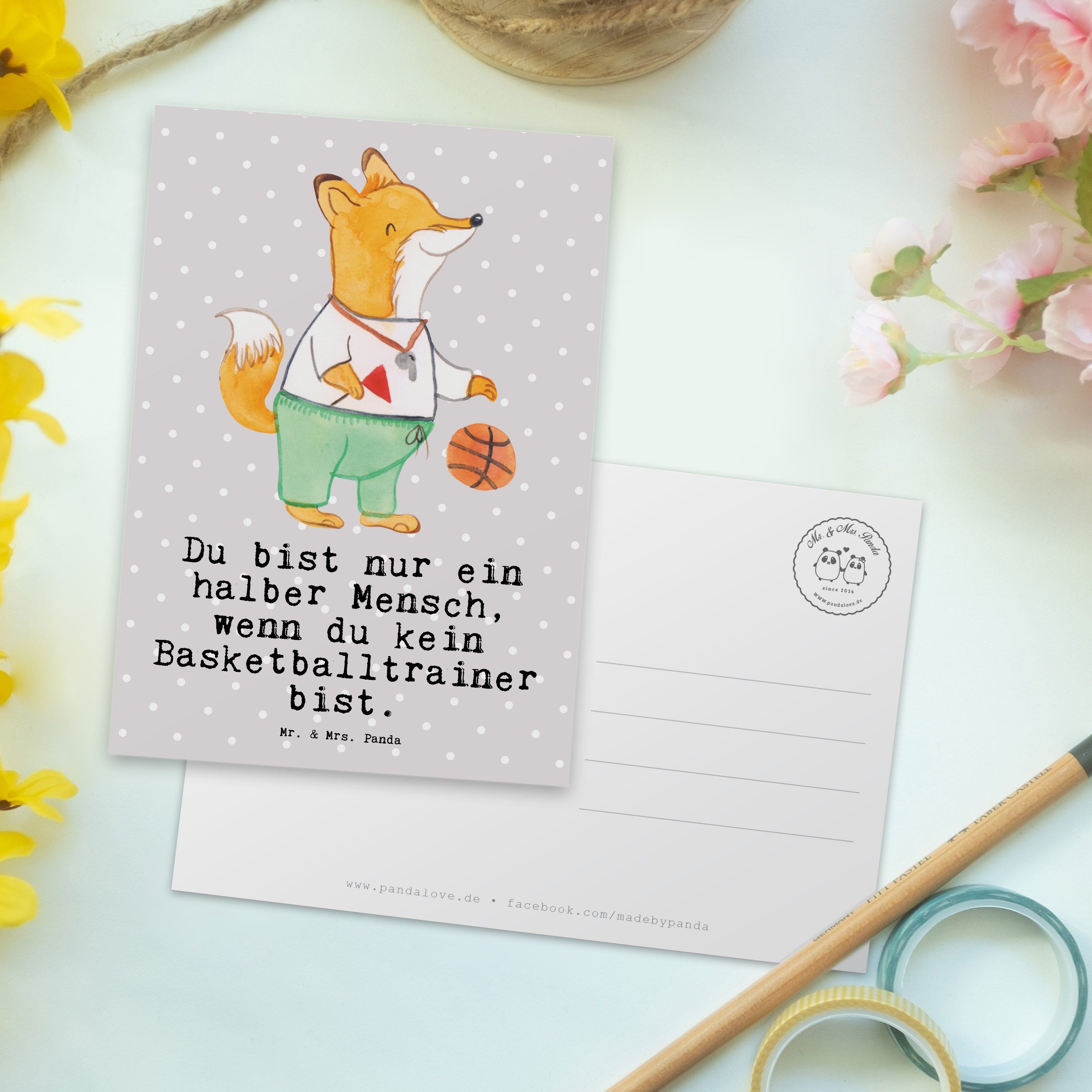 Mr. & Mrs. Panda mit Herz Basketballtrainer Einladungskarte Grau Geschenk, - - Postkarte Pastell
