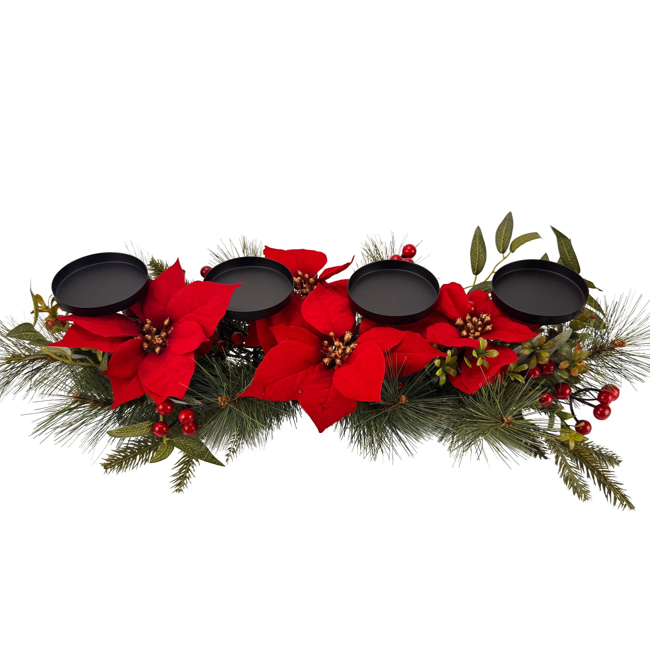 Online-Fuchs Adventskranz länglich mit künstlichen Weihnachtssternen und Metall Kerzenhaltern, 3in1 Halter für Stumpenkerzen, Stabkerzen und Teelichter/Votivkerzen