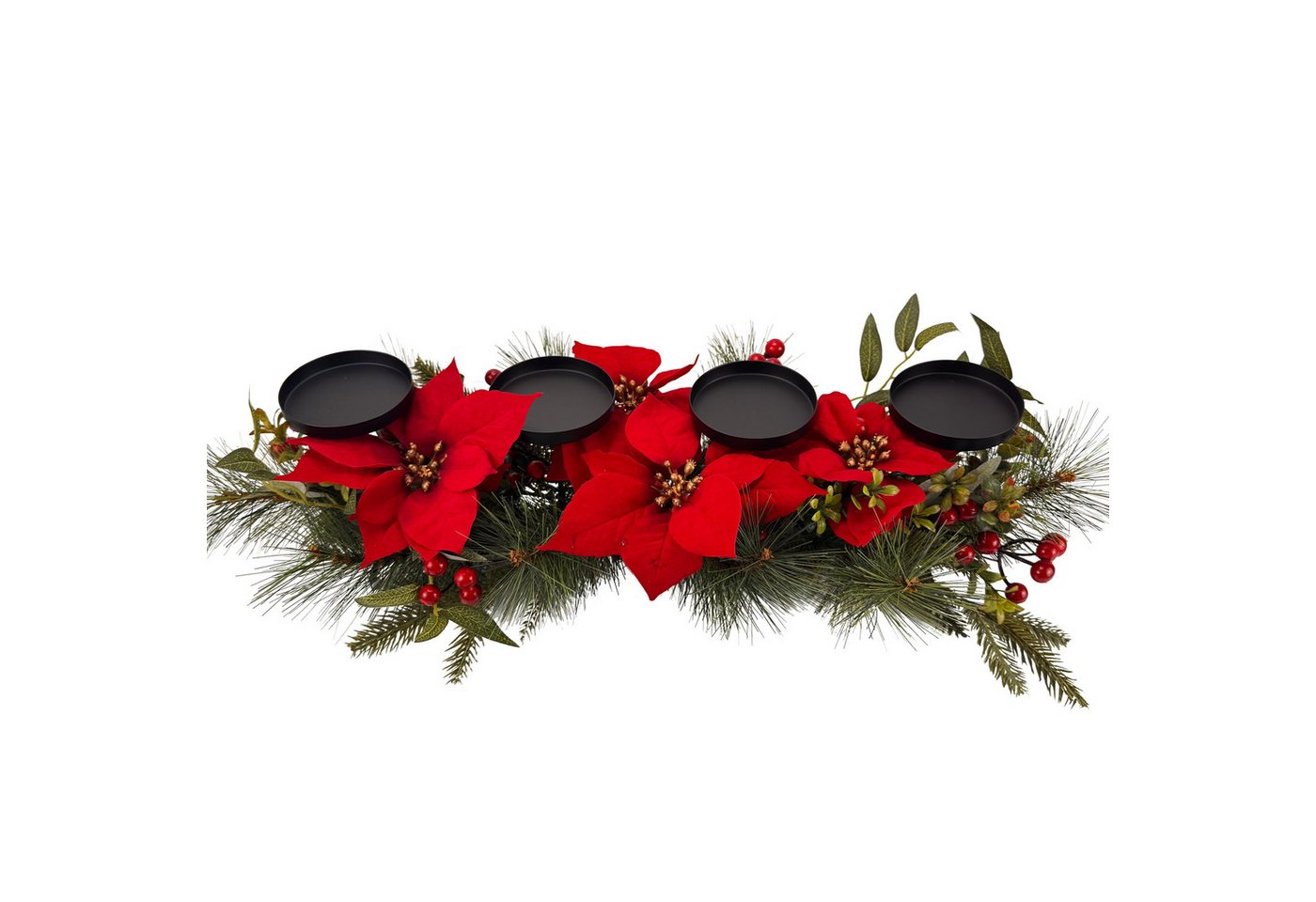 Online-Fuchs Adventskranz länglich mit künstlichen Weihnachtssternen und Metall Kerzenhaltern, 3in1 Halter für Stumpenkerzen, Stabkerzen und Teelichter/Votivkerzen