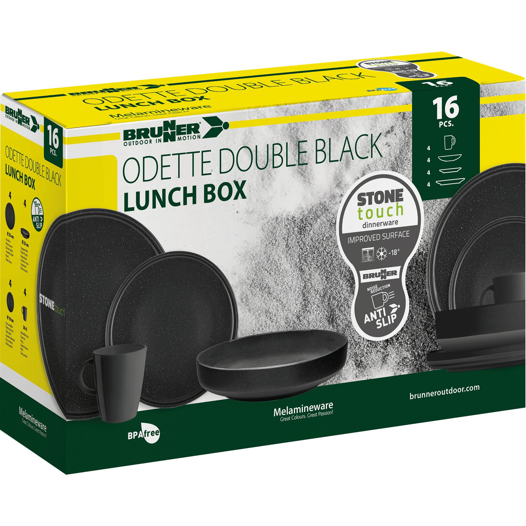 BRUNNER Geschirr-Set Lunch Box Odette Double Black, 4 Personen, 16 Teilig geeignet für den Outdoor Bereich (Camping, Picknick uvm)