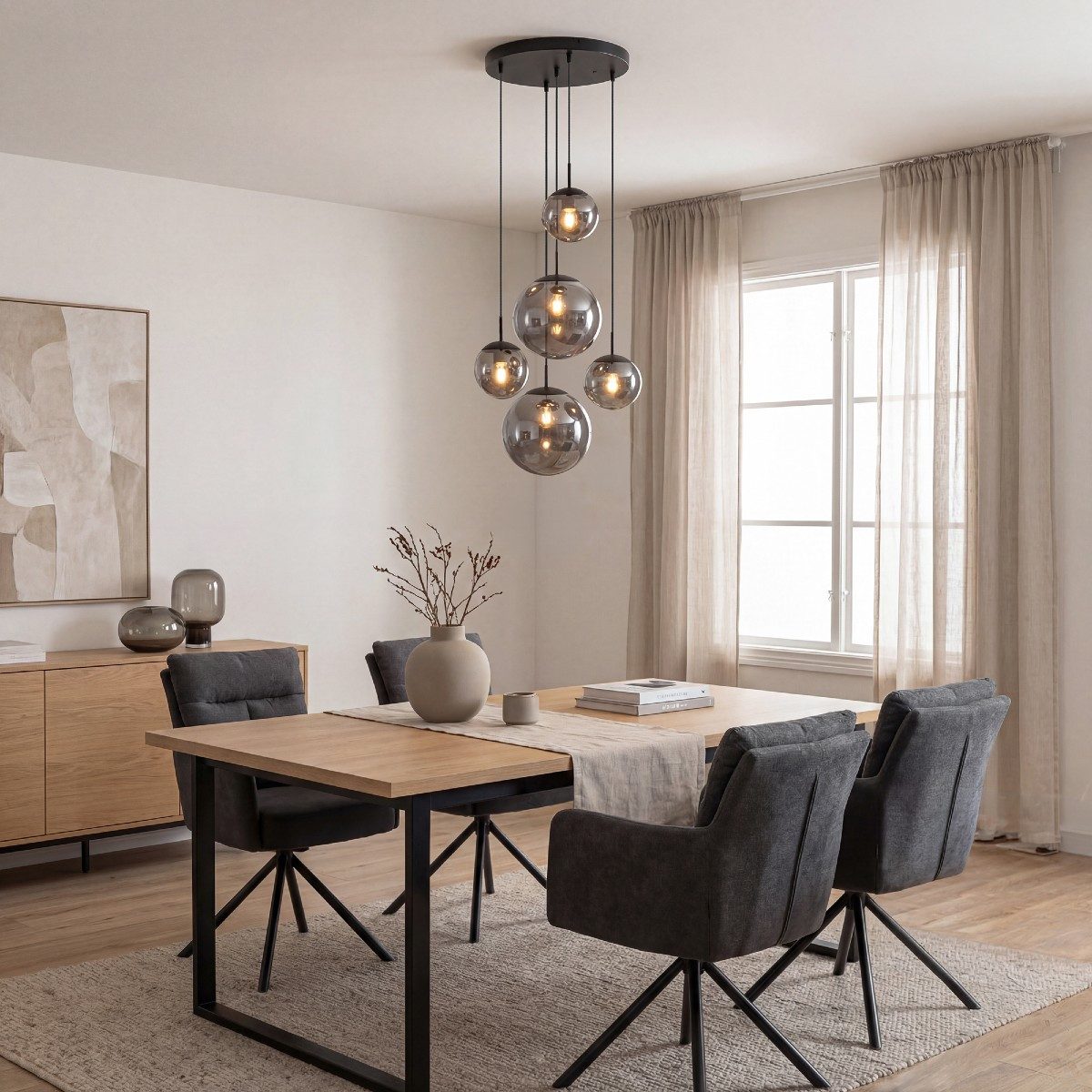 Liadomo Pendelleuchte Vetro, Leuchtmittel inklusive, Warmweiß, 5-flammig, Cluster, Rauchglasschirme, E27, für hohe Decken geeignet
