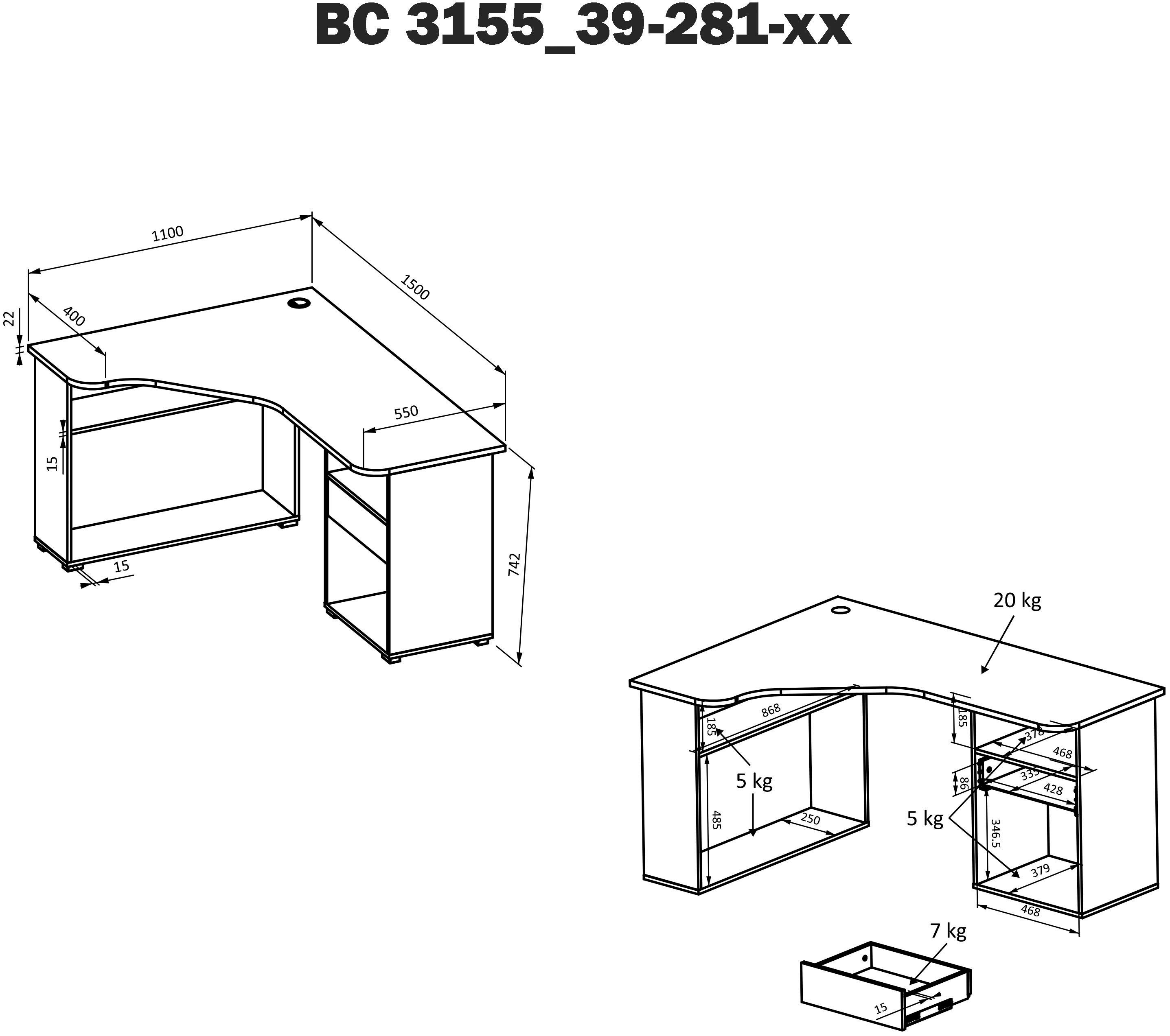 BC3155, Ablagefächer mit OFFICE schwarz Eckschreibtisch und Schublade BEGA