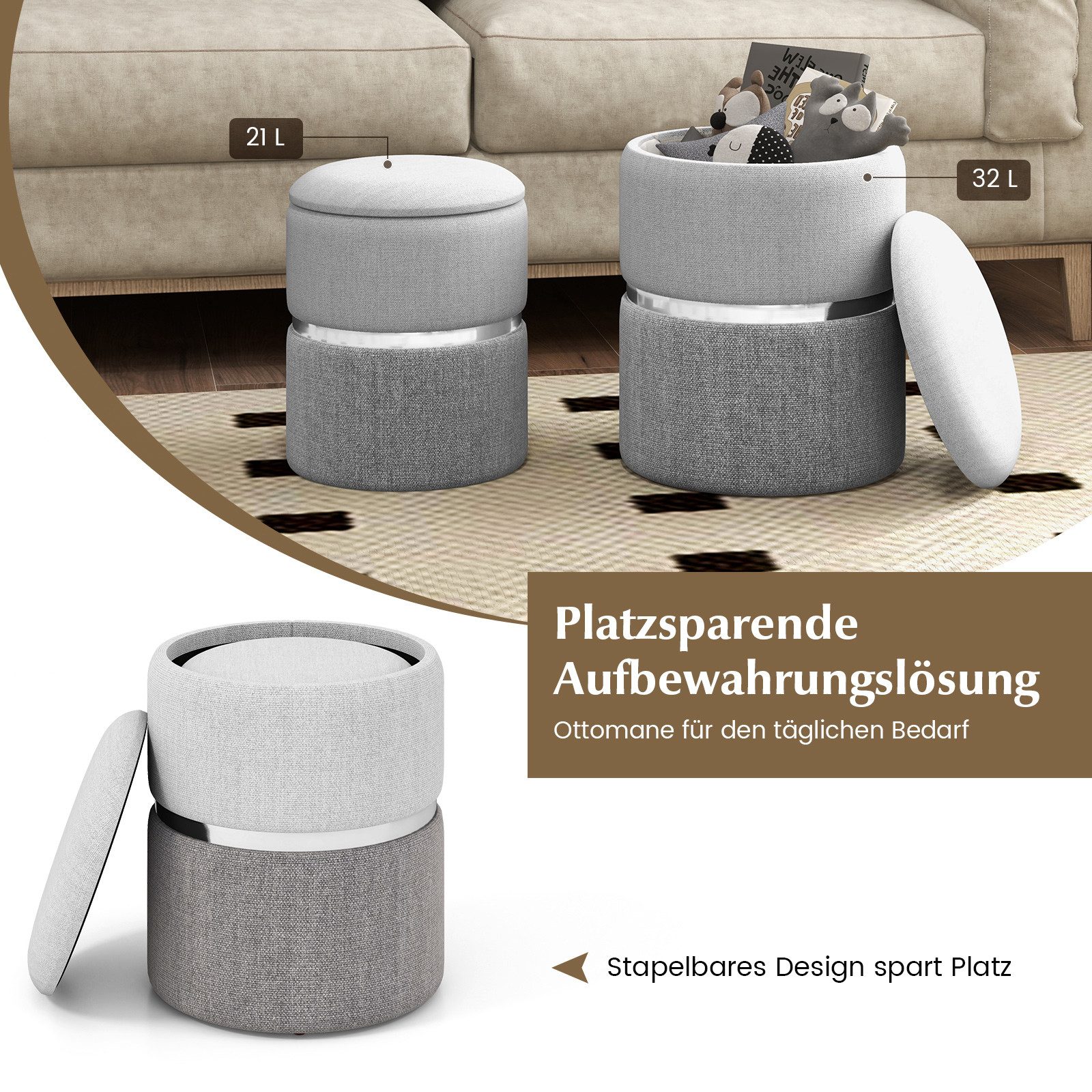 COSTWAY Sitzhocker mit Stauraum rund stapelbar (2er Set), Fußhocker gepolstert – Bild 2 von 5