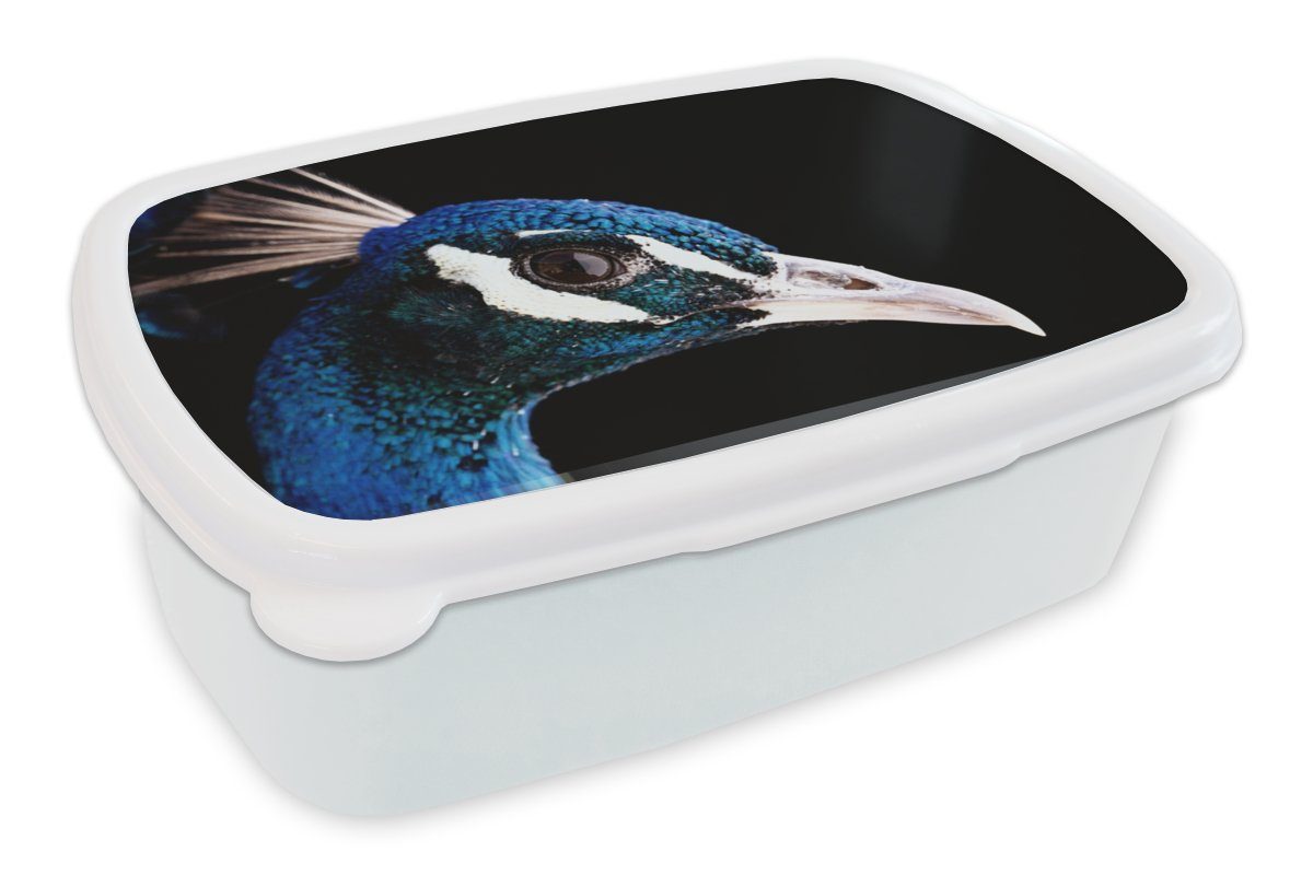 MuchoWow Lunchbox Pfau - Tier - Blau, Kunststoff, (2-tlg), Brotbox für Kinder und Erwachsene, Brotdose, für Jungs und Mädchen weiß