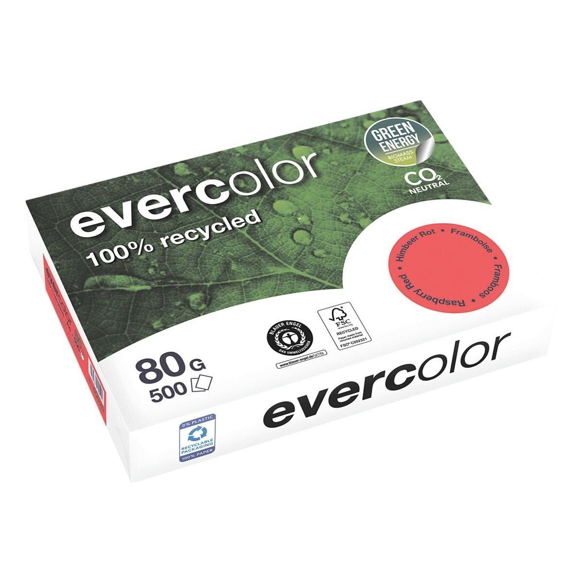 500 A4, Recyclingpapier DIN evercolor, g/m², Format Intensivfarben, Blatt 80 CLAIREFONTAINE himbeerrot