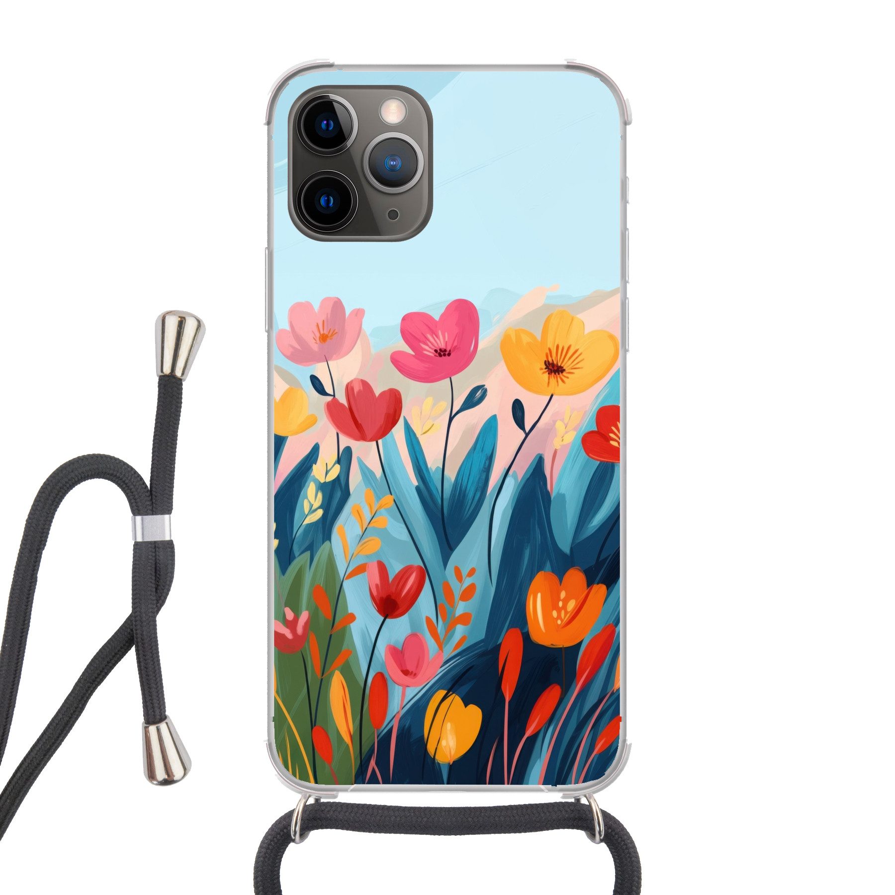 MuchoWow Handyhülle für Apple iPhone 12 Pro Illustration - Blumen - Farbenfroh, Tragbare Handyhüllen mit Kette zum umhängen, Handykette Handyband