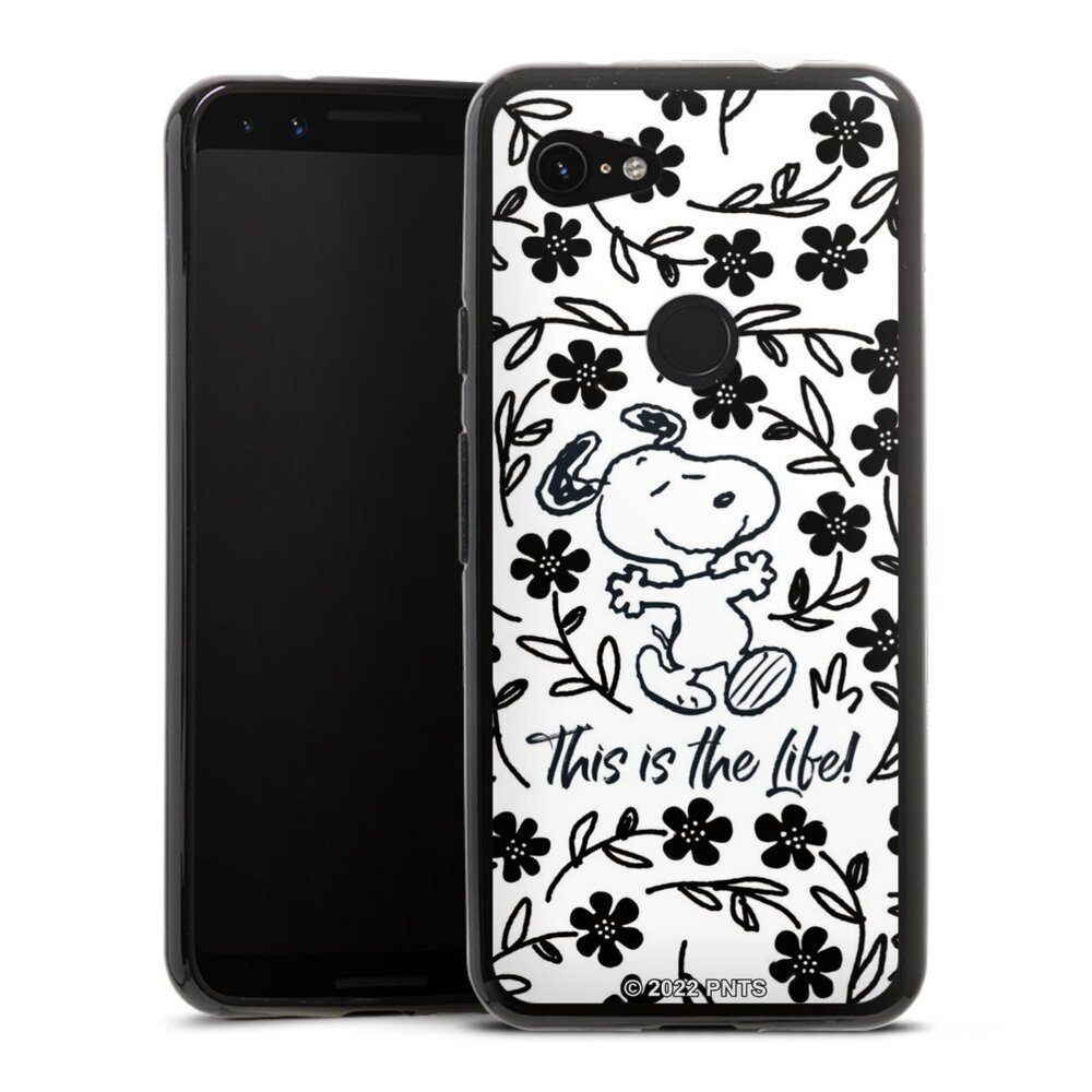 DeinDesign Handyhülle Peanuts Blumen Snoopy Snoopy Black and White This Is The Life, Google Pixel 3a Silikon Hülle Bumper Case Handy Schutzhülle