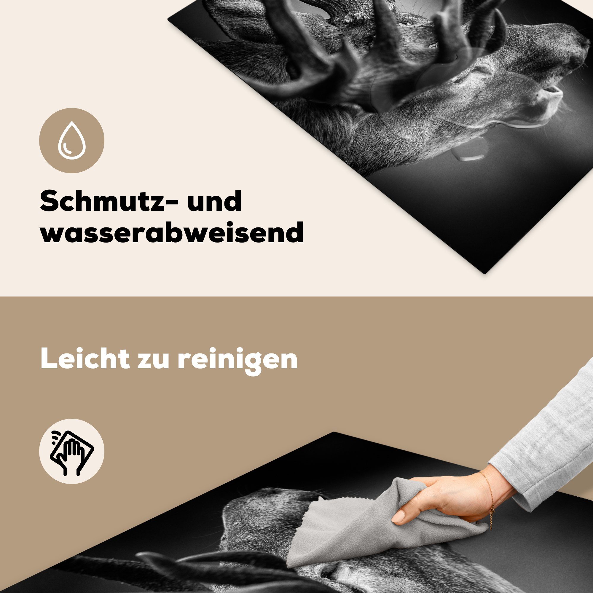 küche, für die Hirsch - Induktionskochfeld (1 Schwarz, Vinyl, 81x52 Herdblende-/Abdeckplatte tlg), cm, Geweih MuchoWow Ceranfeldabdeckung - Schutz