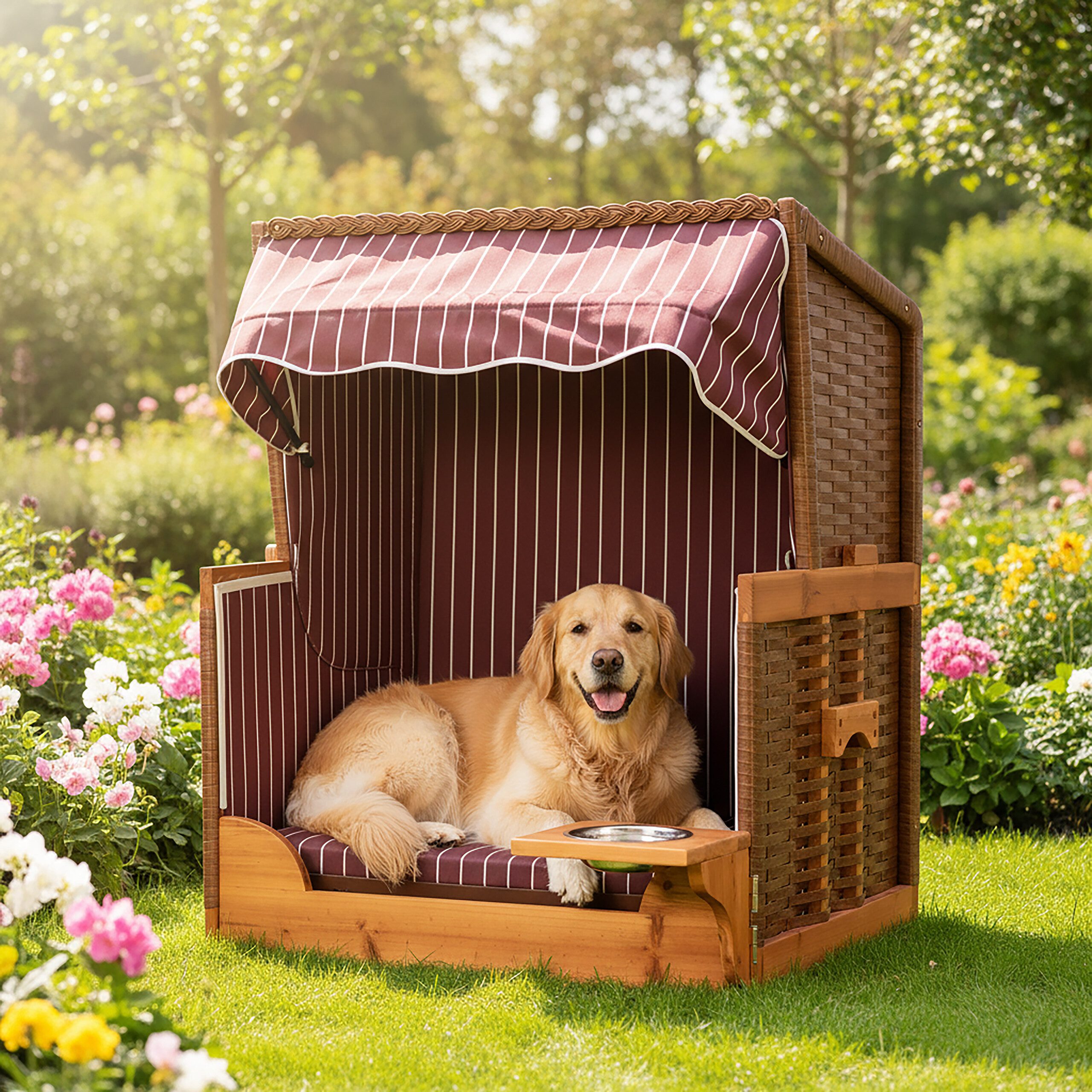 relaxdays Haustierstrandkorb Hundestrandkorb Holz & Rattan inkl. Napf, BxTxH: 75x65x95 cm, D