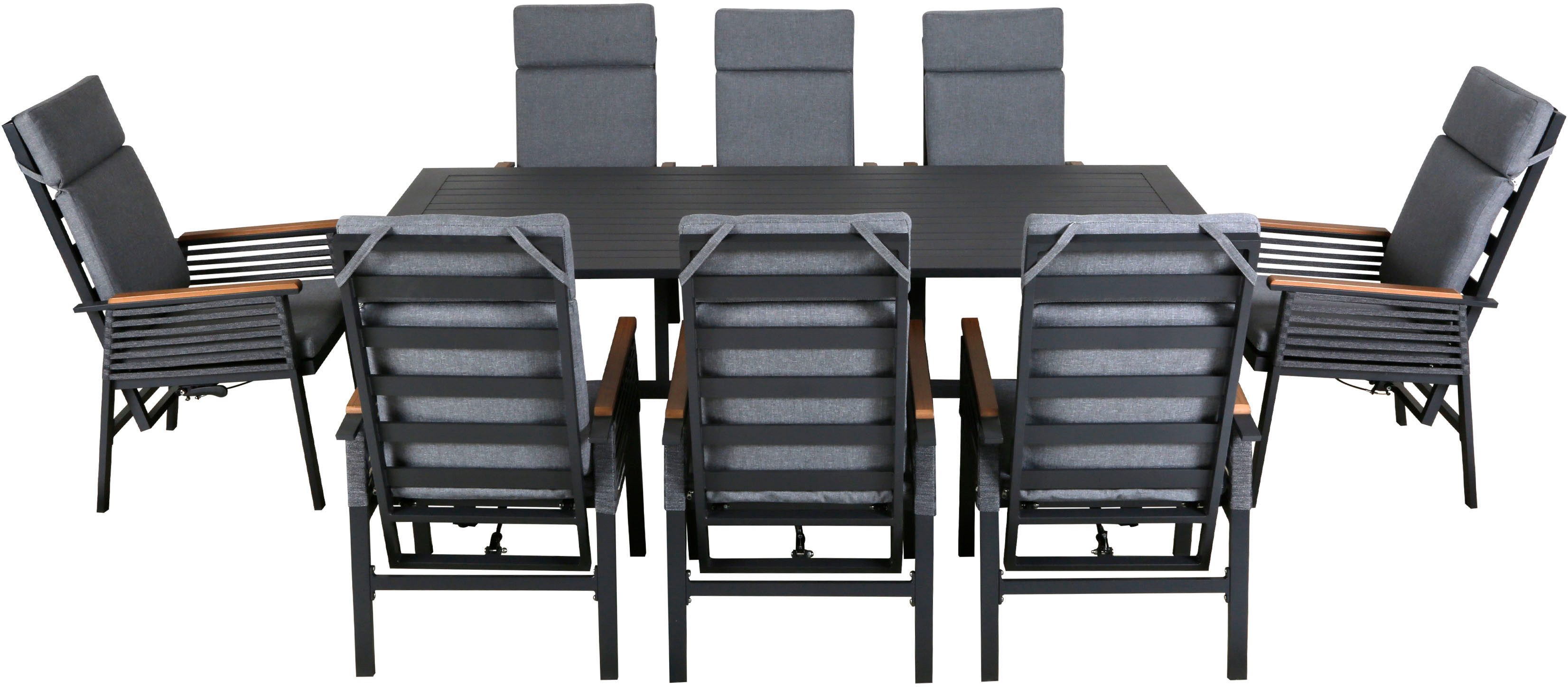 KONIFERA Garten-Essgruppe Edessa Komfort, (Set, 17-tlg., 8x Stuhl mit Rückenverstellung, 1x Tisch 220x97x74 cm, inkl. Auflagen), Tischplatte aus Alu-Lamellen,Armlehne mit Seilgeflecht&Noonwood-Latten