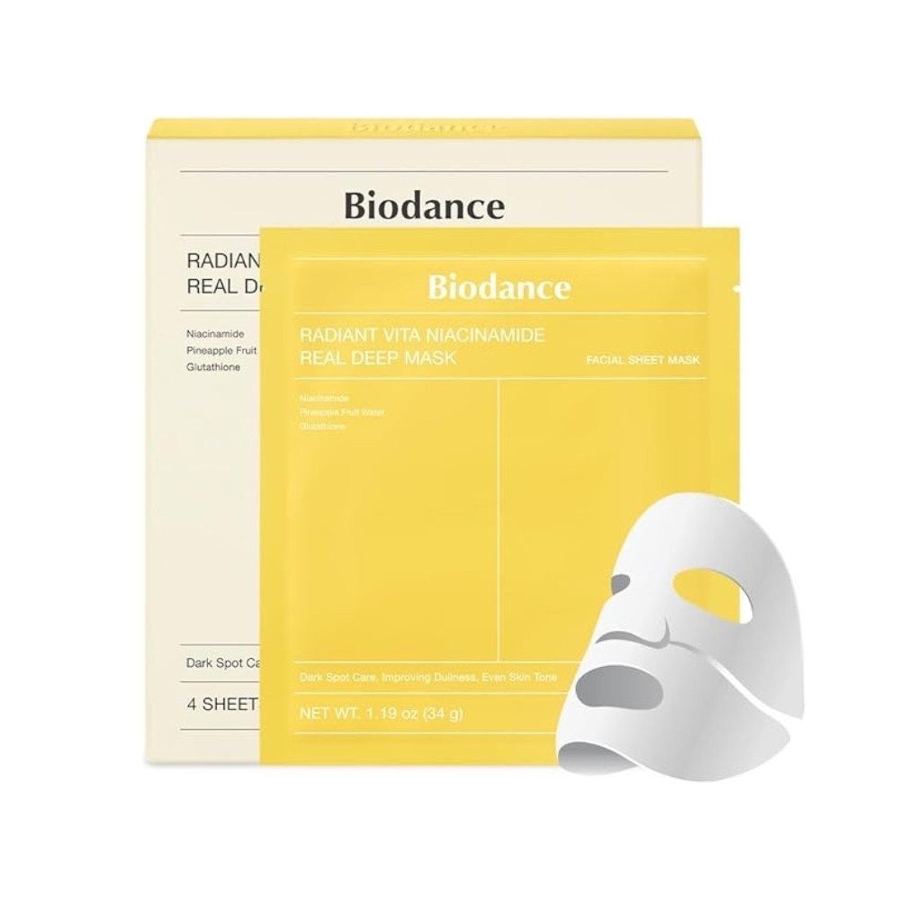 Biodance Gesichtsmaske Radiant Vita Niacinamide Real Deep Mask 4er Pack Vitamin Hydrogel Mask mit Multi-Vitamin-Mix, Hypoallergen, Hydrogel Maske in zwei teilen, wird transparent